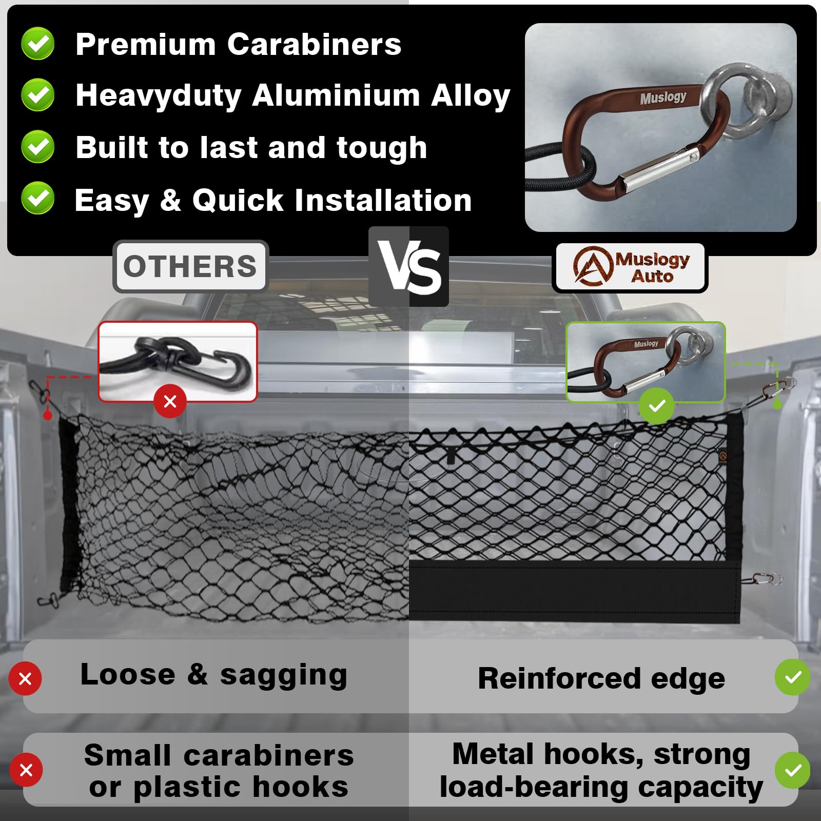 Muslogy Truck Bed Cargo Net - Heavy Duty Polyester, Black, Compatible with 2024-2026 Ford Ranger, Model MUS-CARGO NET-8