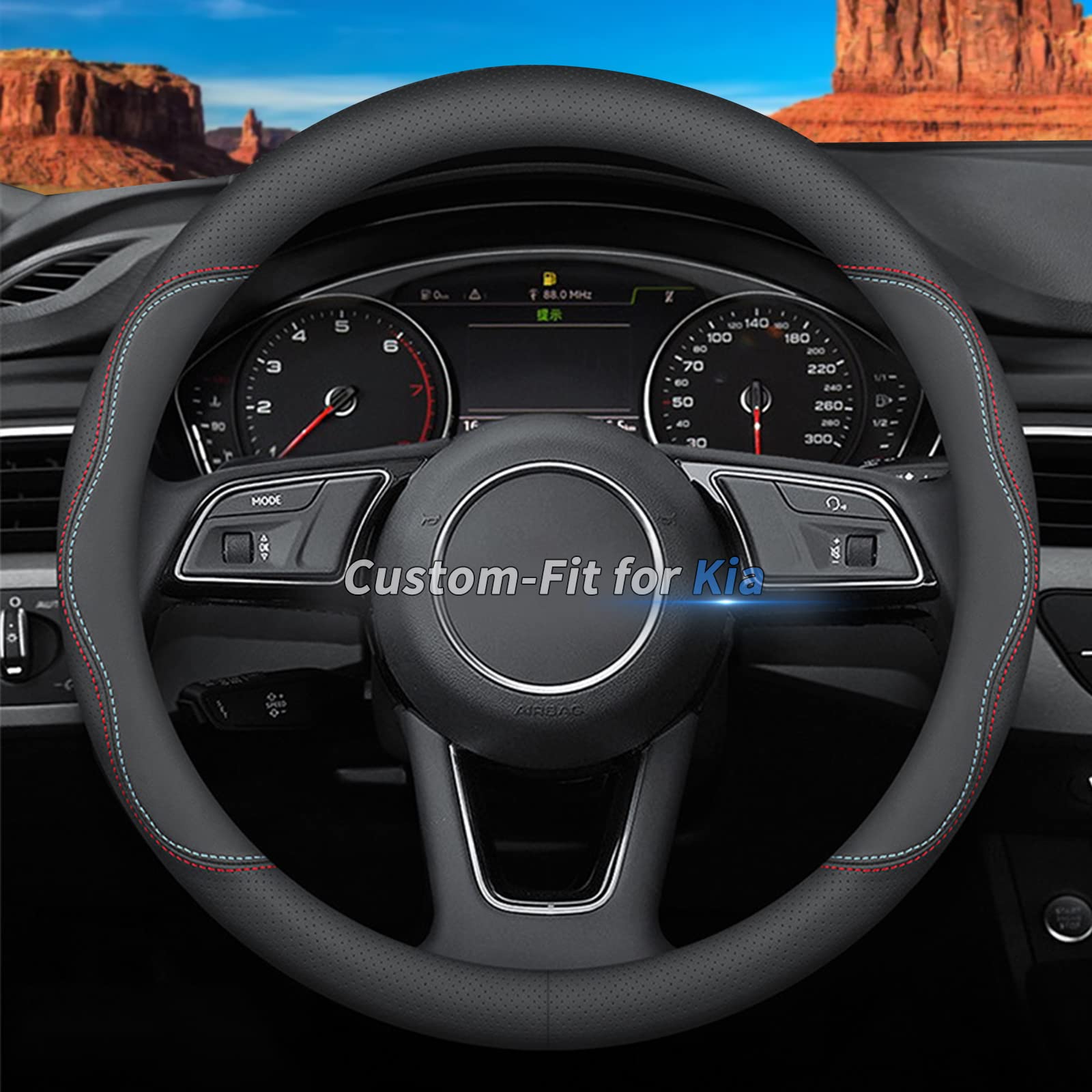 Deer Route Custom-Fit For Kia Steering Wheel Cover, Premium Leather Car Steering Wheel Cover With Logo, Non-Slip, Breathable, Fo