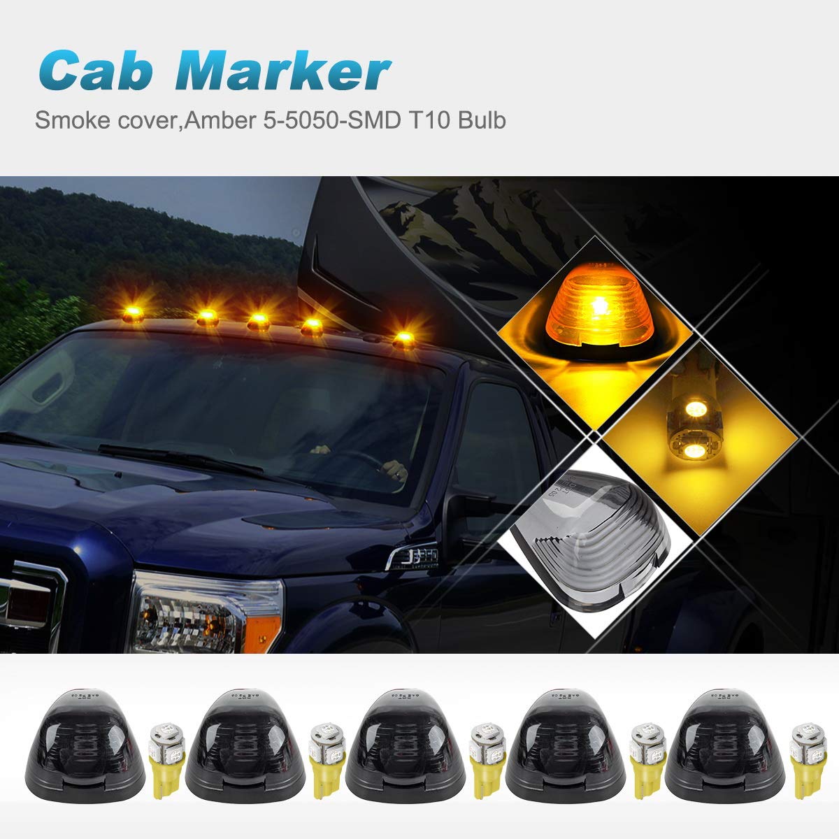 Partsam 5X Smoke Cab Marker Top Roof Light + 5X Amber T10 Led Lights Assembly Compatible With E150 E250 E350 E450 F150 F250 F350