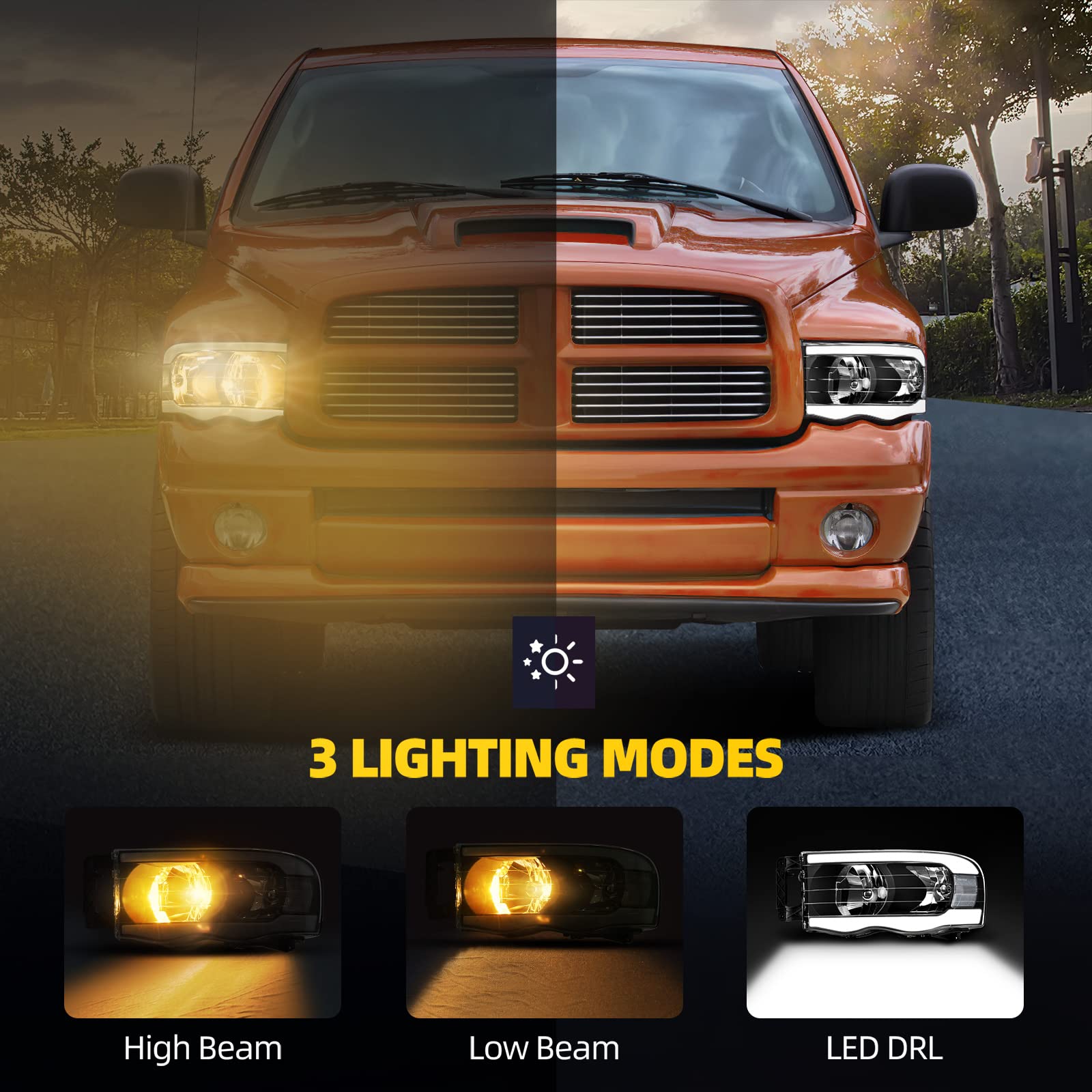 DWVO Headlight Assembly for 2002-2005 Dodge Ram 1500/2500/3500, Switchback LED DRL, Black Housing, Clear Lens, Driver & Passenger Side