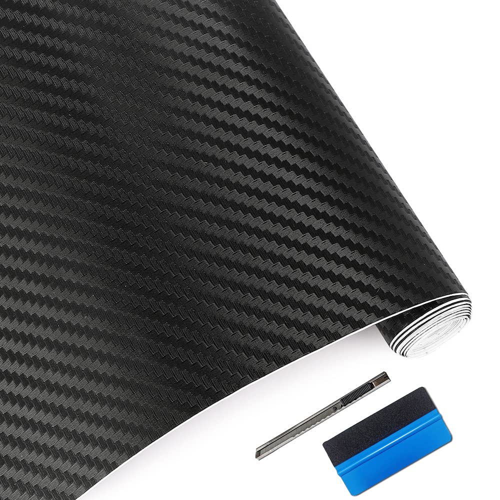 Lzlrun 3D Carbon Fiber Vinyl Wrap - Outdoor Rated For Automotive Use - 12 Inches X 60 Inches Contain Knife And Hand Tool (Black)