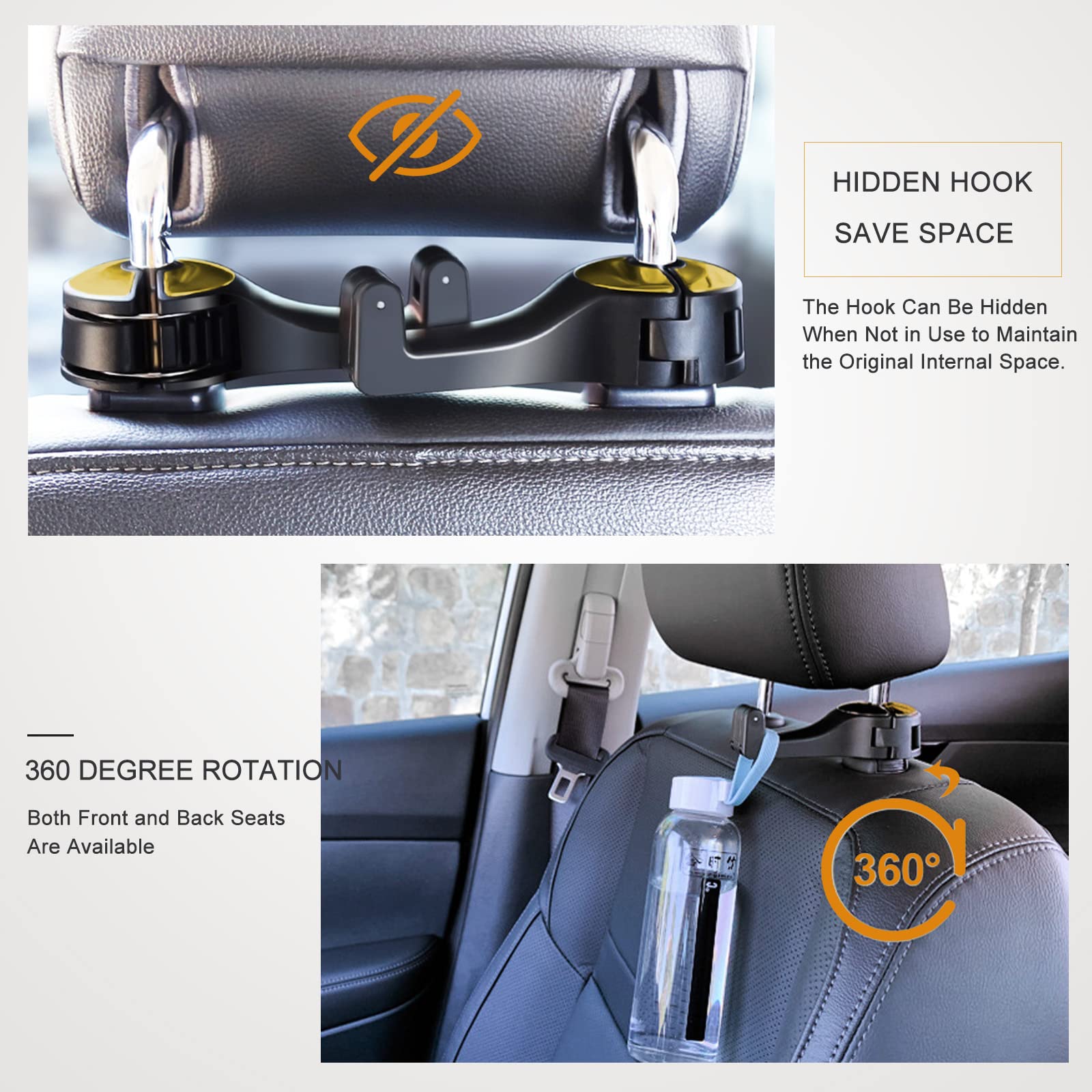 Scovvord Car Headrest Hidden Hook With Phone Holder, Car Seat Hooks For Purses And Bags, Universal 360° Rotation Headrest Hooks Purse Holder For Car, Car Purse Hook Holder (Gold)