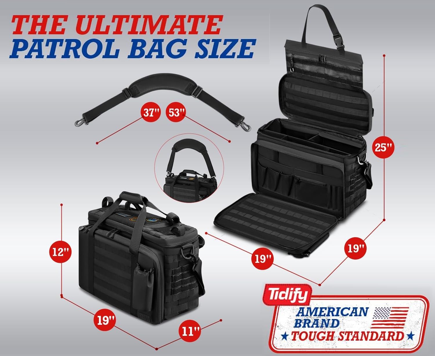 Tidify Patrol Bag - Heavy Duty Water Resistant Police Gear - Black - Model Tidify-PB01