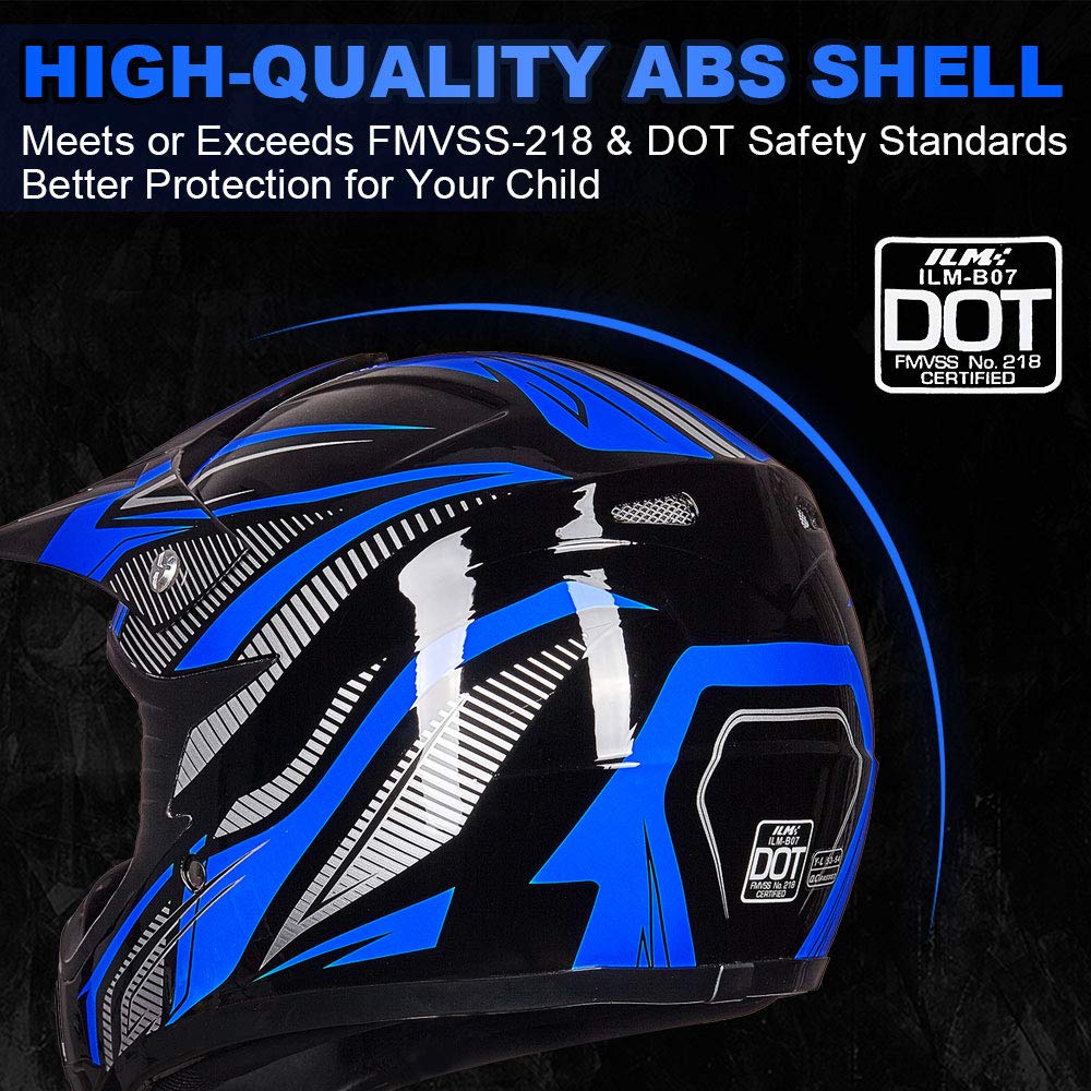 Ilm Youth Kids Atv Motocross Helmet Goggles Sports Gloves Dirt Bike Motorcycle Off Road Dot Approved B07 (Youth-M, Blue/Silver)