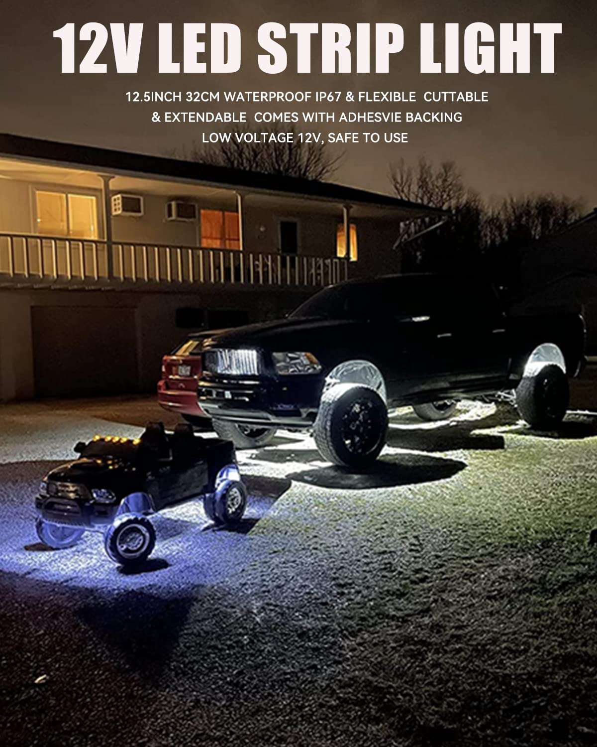 Keiurot Car LED Strip Lights - 32CM Waterproof White 12V 5050, Pack of 4 for Interior & Exterior Use