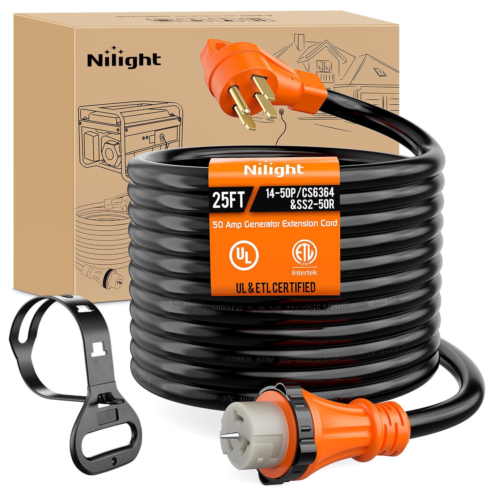 Nilight 50 Amp 25Ft Generator Extension Cord 250V 12500Watt Heavy Duty 6/3+8/1 Gauge Pure Copper Stw Wire Ul Listed 4 Prong 14-5