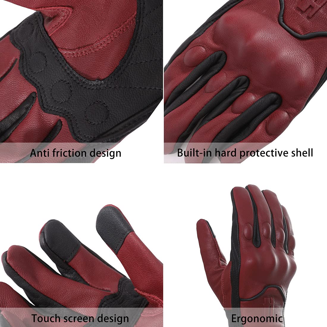 Harssidanzar Motorcycle Gloves - Leather Touch Screen Riding Gloves, Size L, Oxblood/Black, Model GM028US