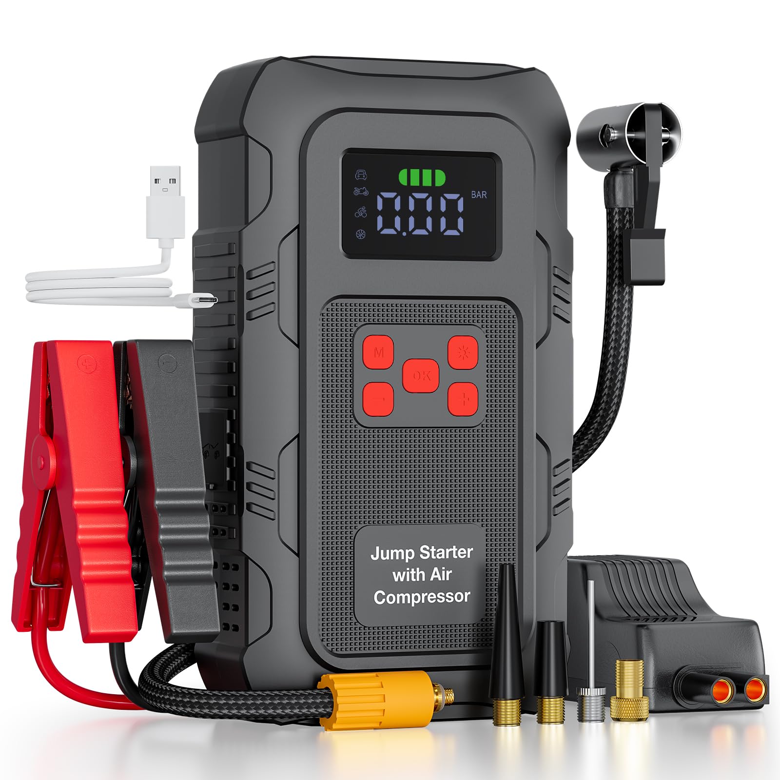 HPBS 6000A Jump Starter with Air Compressor, Portable Car Battery Jump Starter with 150 PSI Tire Inflator for Up to 10.0L Gas an