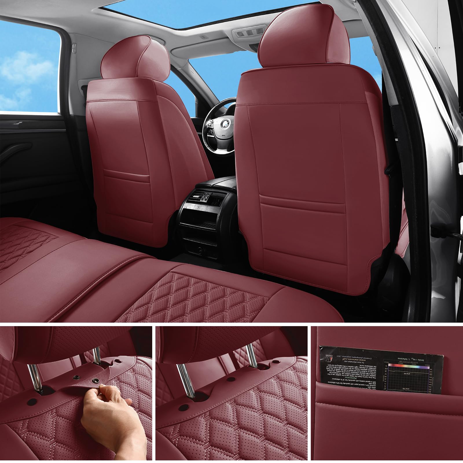 Sxikin Full Set Car Seat Covers, Burgundy Faux Leather, Waterproof, Universal Fit for Cars, SUVs, Trucks - Model SK Cover 01