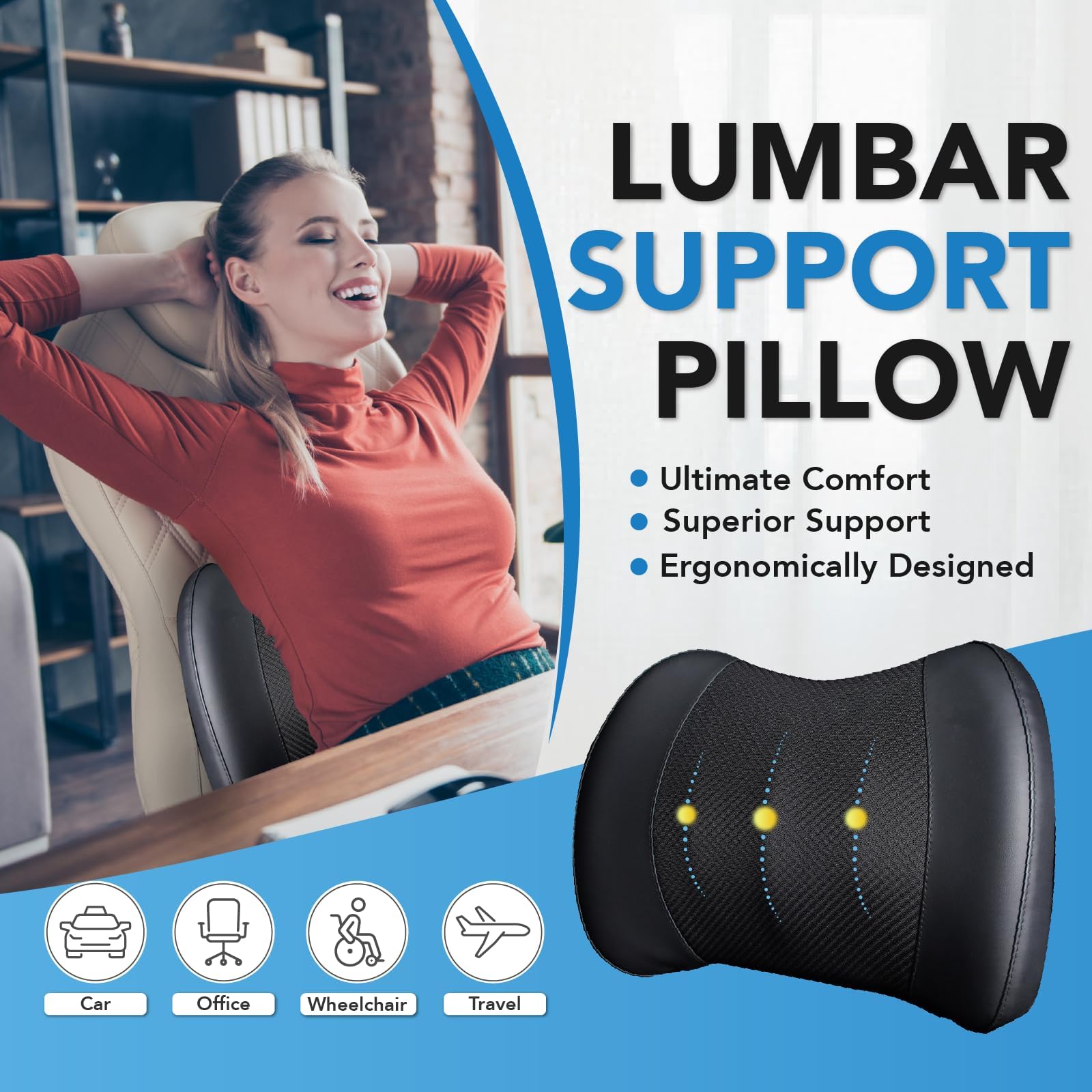 Lofty Aim Lumbar Support Pillow - Memory Foam Back Cushion for Car & Office, Classic 4D Mesh, Black, 12.2x16.9x4 inches
