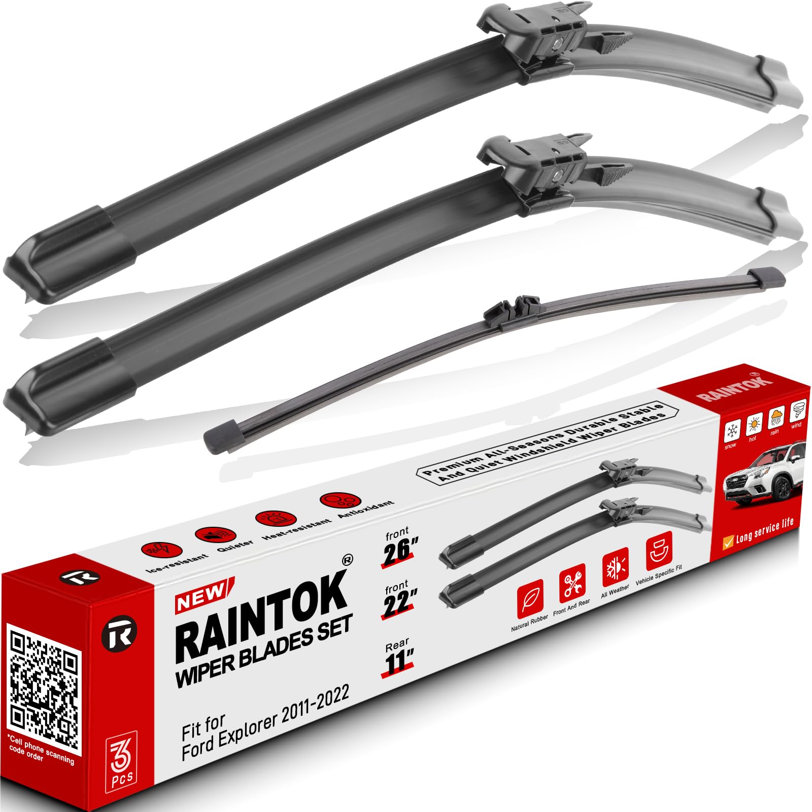 RAINTOK Windshield Wiper Blade Set Replacement for 2011-2022 Ford Explorer and Rear Windshield Wiper Blade-26''/22''/11'' (Set o