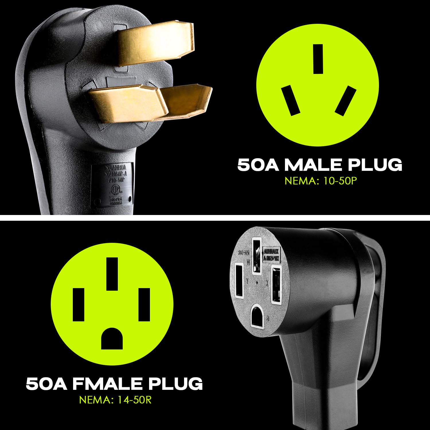 Campzlly EV Charger Adapter Cord, NEMA 10-50P to 14-50R, 50A, Black, STW 6 Gauge, ETL Listed for Level 2