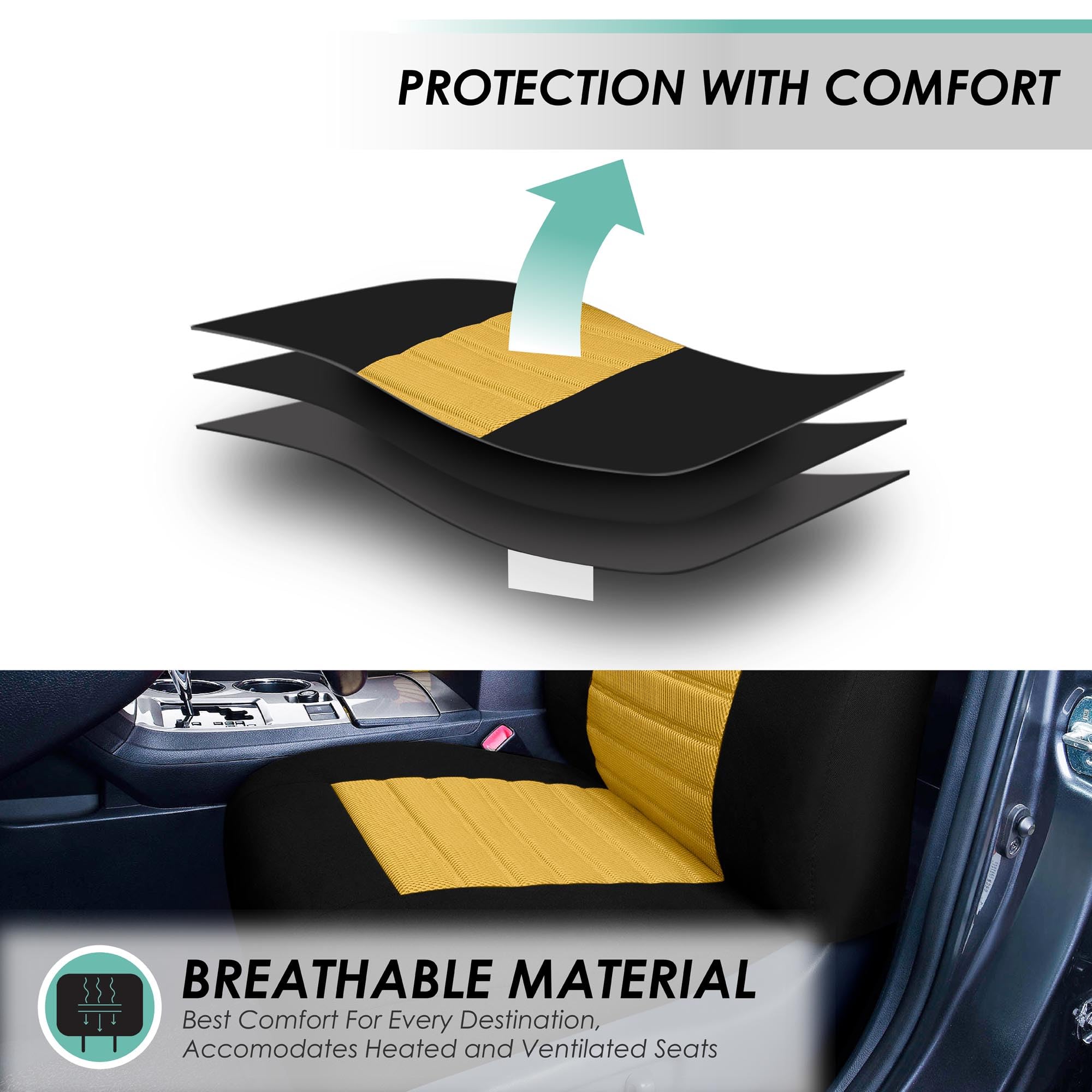 Fh Group Automotive Car Seat Covers Full Set Premium 3D Air Mesh Yellow And Black, Airbag Compatible And Split Bench Cover Unive
