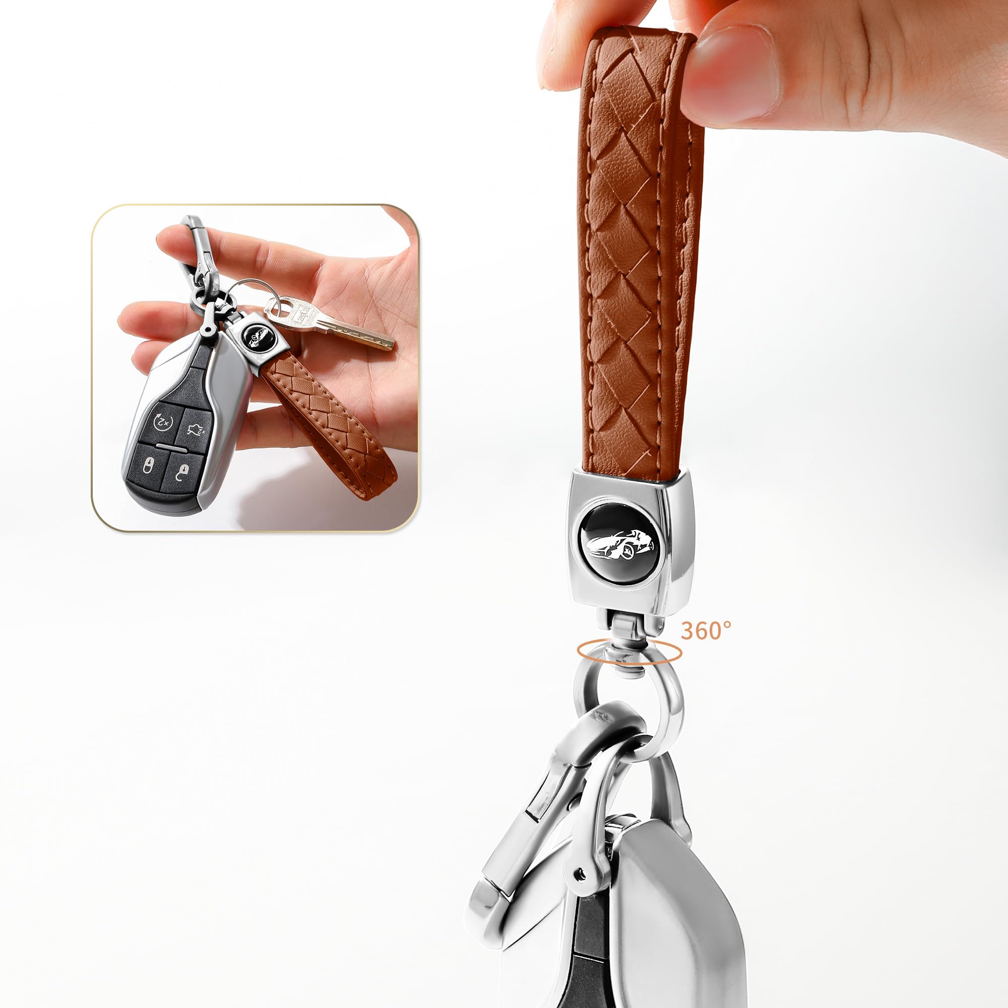 Gkeygo Carabiner Keychain, Universal Heavy Duty Woven Handmade Leather Key Chain, Car Fob Key Keychains With 360 Degree Rotatabl