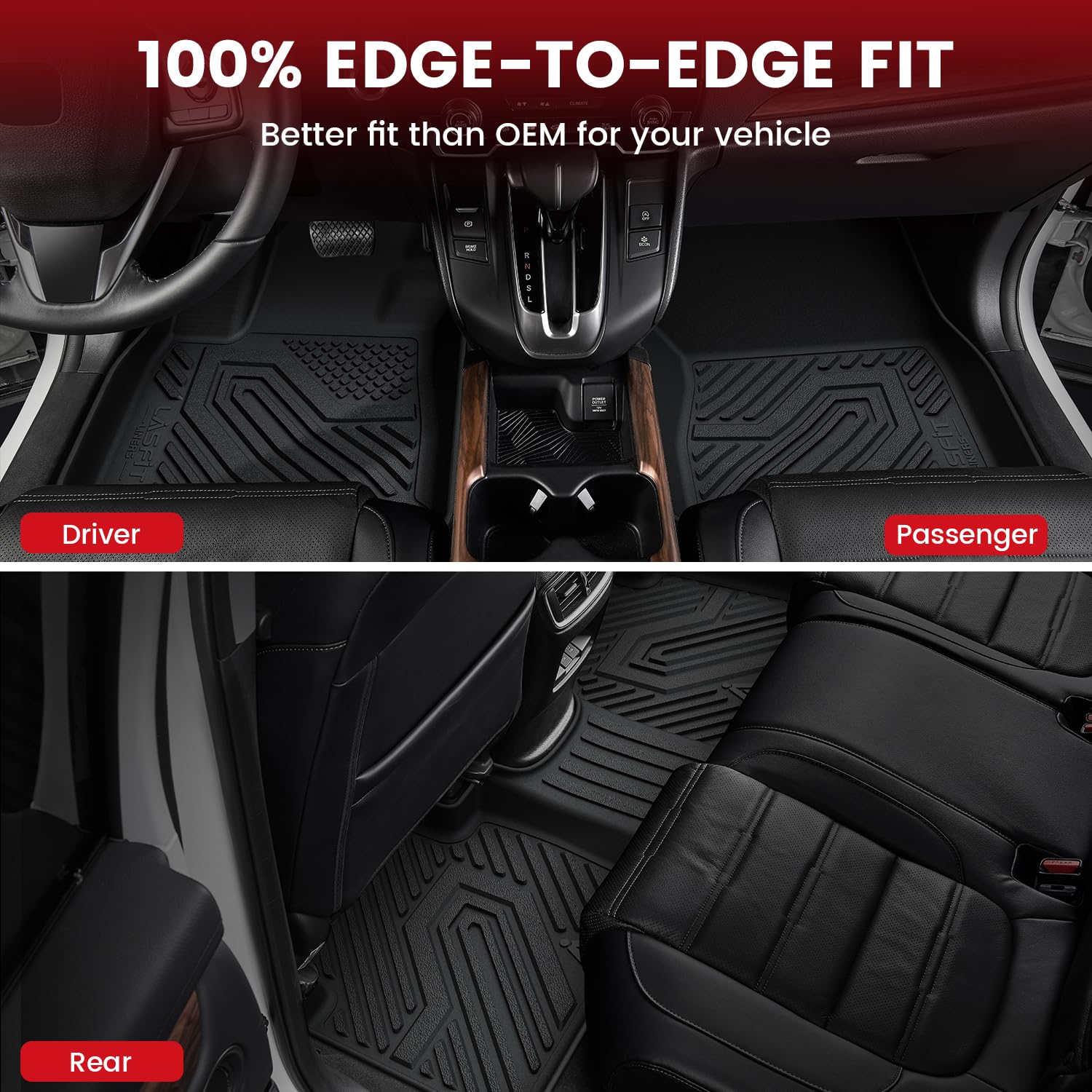 LASFIT Floor Mats for Honda Ridgeline 2023-2017, All Weather TPE, Non-Slip Custom Fit, Black, Model XS-HN10