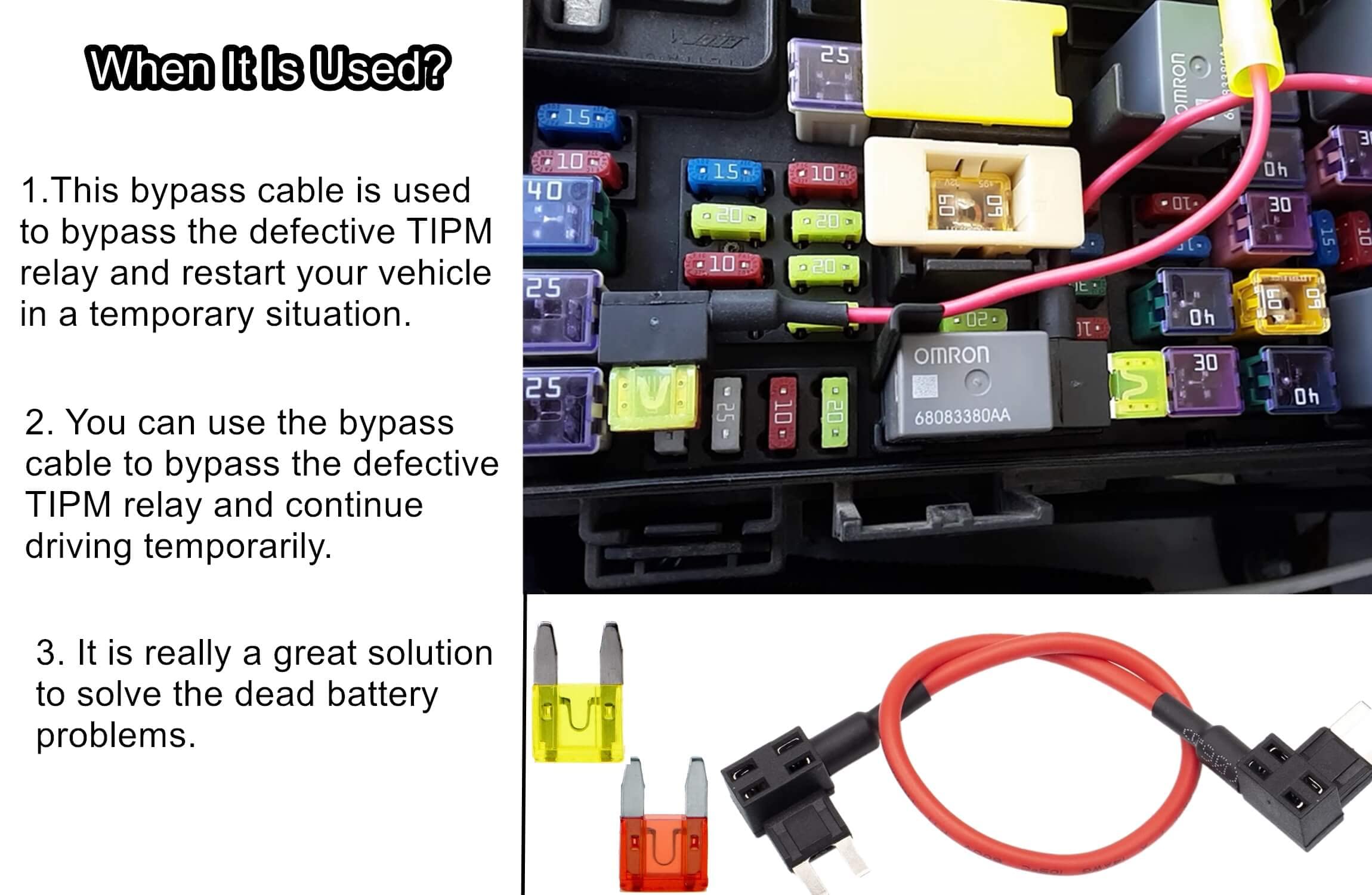 LDCRE TIPM Bypass Cable for Fuel Pump Relay, 14AWG Wire, Red, Compatible with Dodge Ram 1500/2500/3500, Jeep, Chrysler, VW