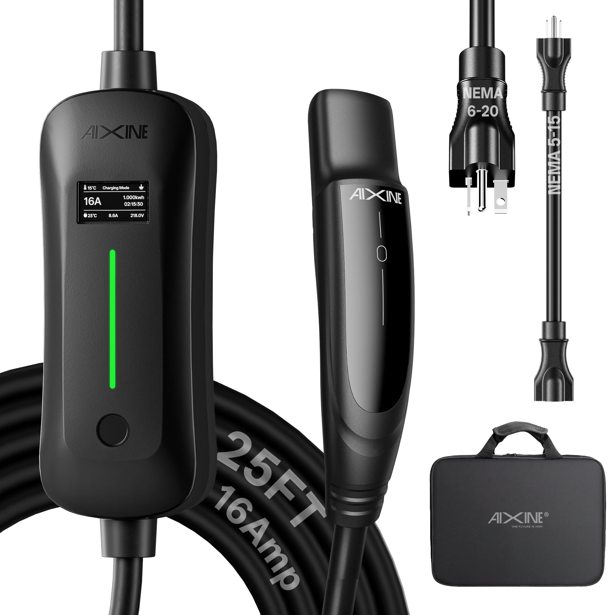AIXINE Level 1&2 EV Charger,Tesla EV Charger NACS 16A with 25FT Extension Cord Cable,Portable Electric Car Charger 240V NEMA 6-2