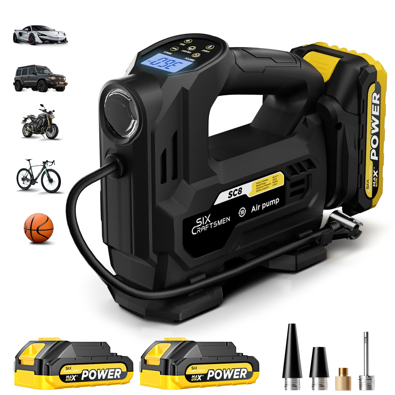 Six Craftsmen Tire Inflator Portable Air Compressor, 20V Cordless Car Tire Pump with LED Light&Gauge, 150PSI Automotive Car Acce