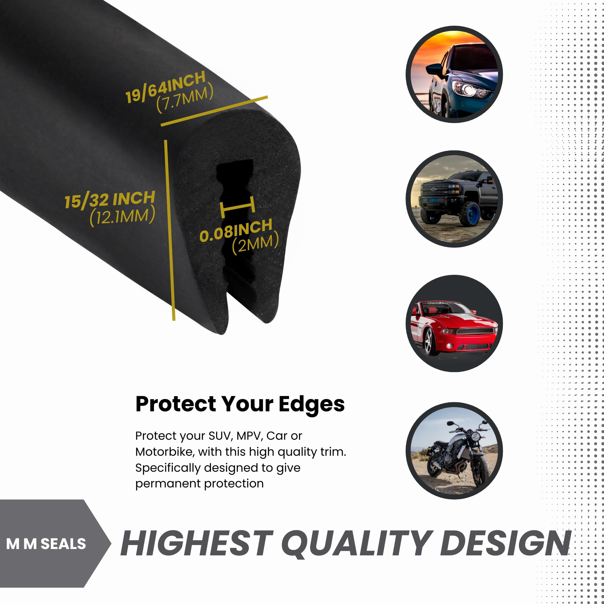 Black U Channel Edge Trim Seal Epdm 15/32'' High X 19/64'' Wide (40 Feet)