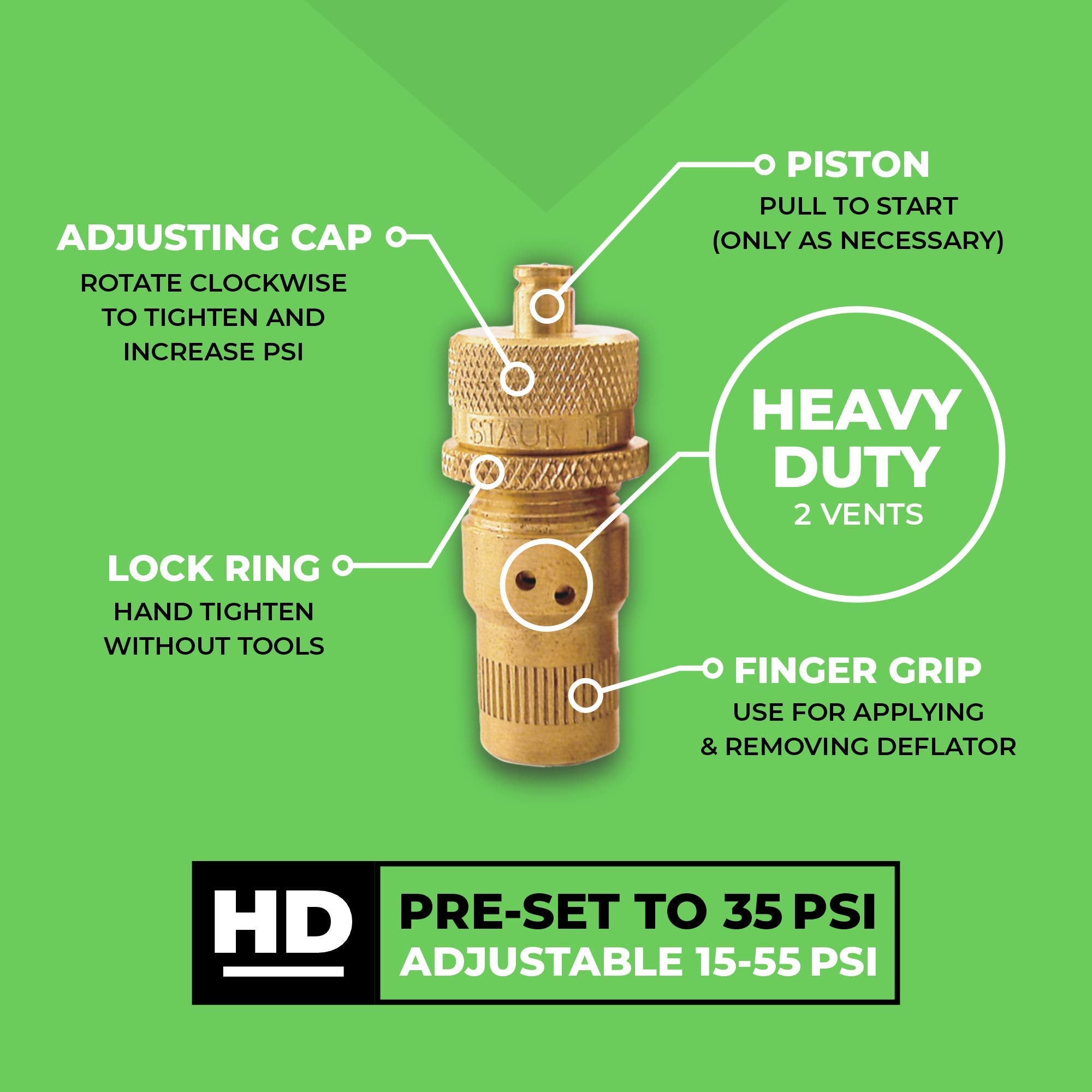 Staun Tyre Deflators - Automatic Tire Airdown 15-55 PSI, Brass, Model SCV HD