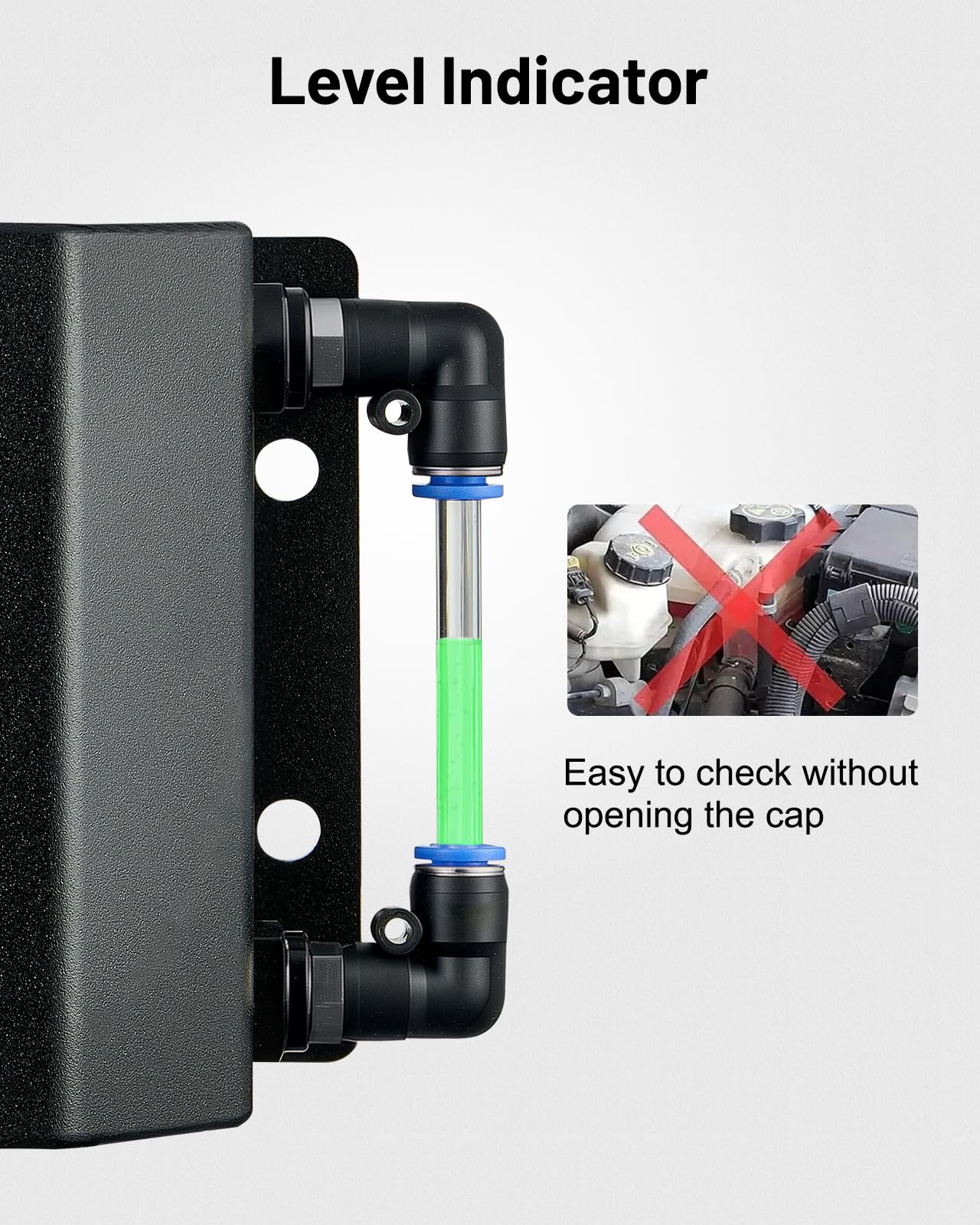 EVIL ENERGY 1L Aluminum Overflow Tank, Coolant Radiator Reservoir, Black-Plastic Level Indicator Connector, Model EV00481BK-AMZ1
