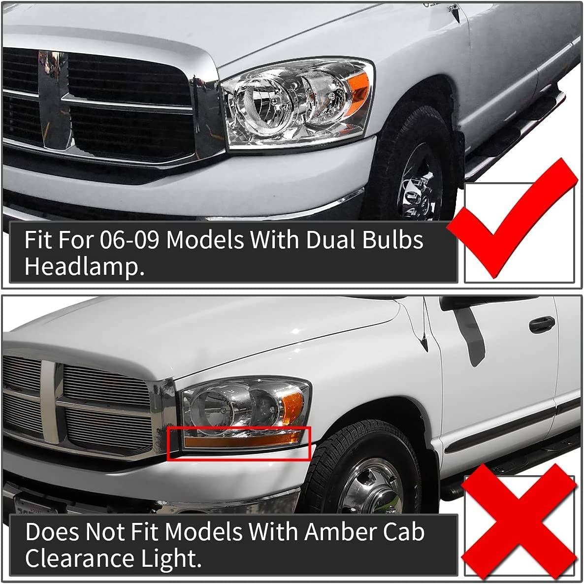 Adcarlights 2006 2007 2008 2009 Dodge Ram Headlight Assembly For 2006-2008 Dodge Ram 1500/2006-2009 Dodge Ram 2500 3500 Clear Le