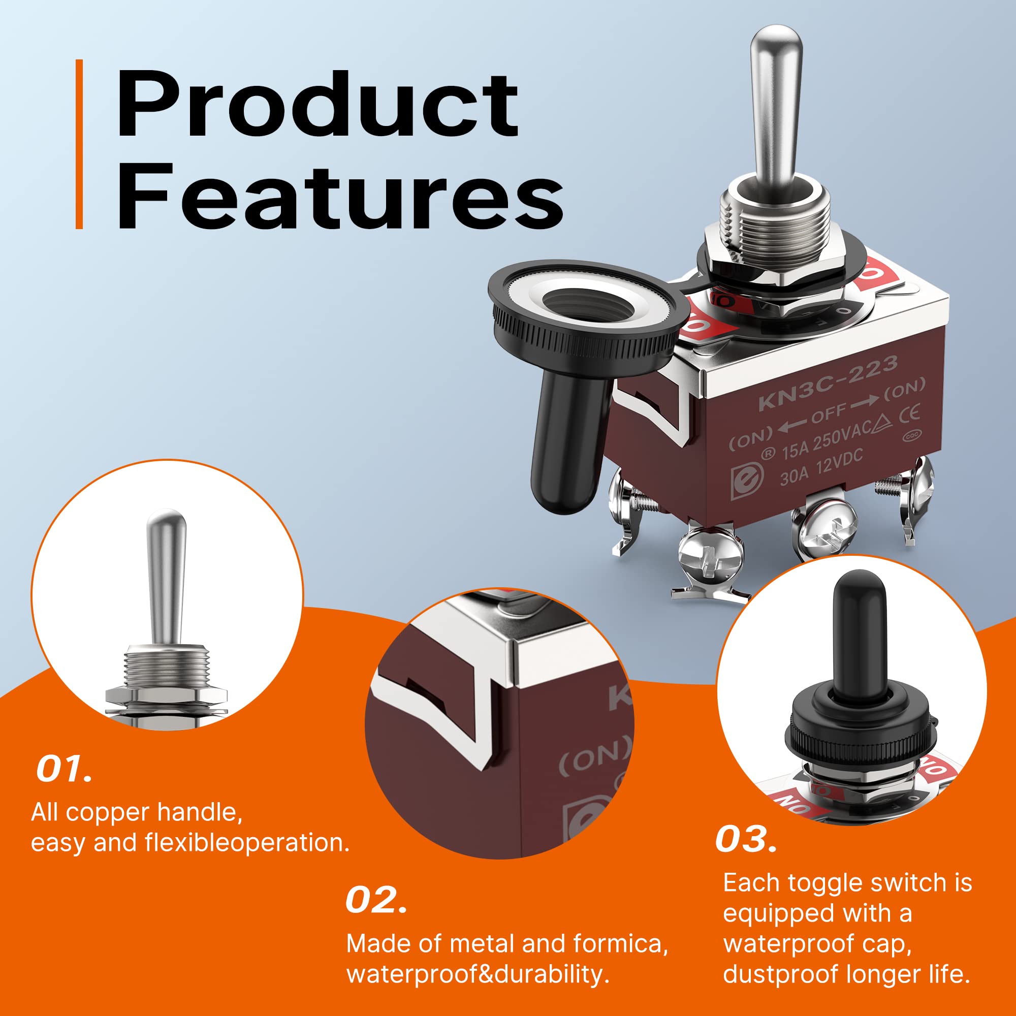 Joinfworld 12V DC 30 Amp DPDT Toggle Switch - Waterproof Marine Heavy Duty with Boot Cover - Model KN3C-223A+WPC-06 - 4Pcs