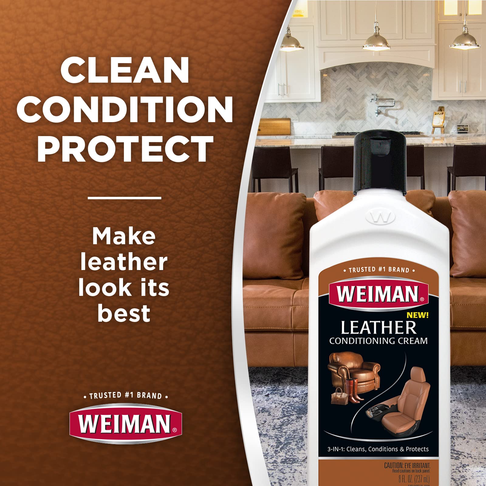 Weiman 3 in 1 Deep Leather Cleaner & Conditioner Cream - 8 Fl Oz - Restores Leather Furniture, Car Seats, Shoes, Bags, Jackets, Saddles