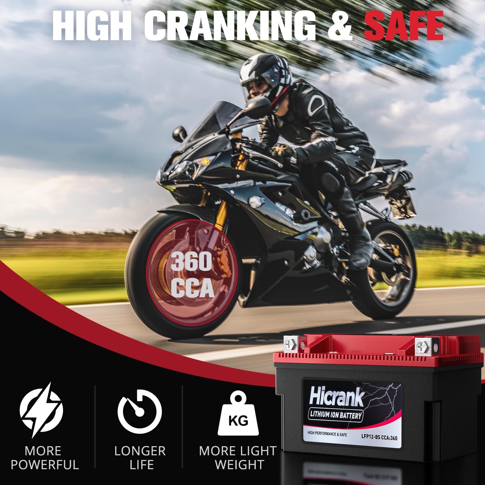 Hicrank YTX12-BS 12V 6Ah Lithium Motorcycle Battery, 360CCA Powersports Battery for Honda, Yamaha, Harley, ATV, UTV, Scooter, Lawn Mower