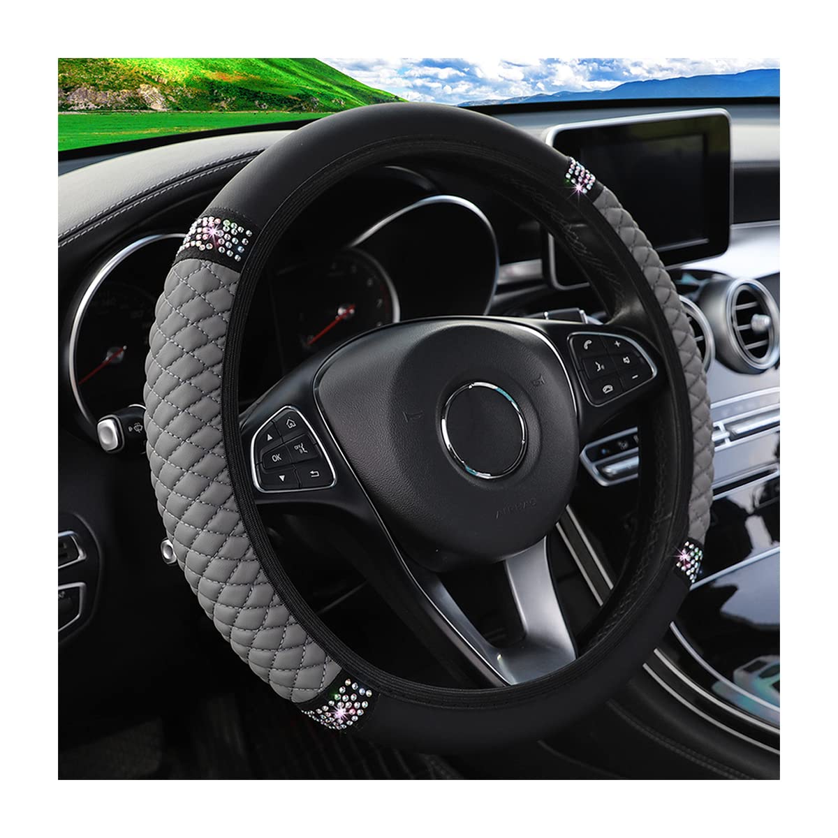Bling Leather Steering Wheel Cover, Colorful Rhinestones Elastic Steering Wheel Protector, Pu Soft Leather With Crystal Diamond, Sparkling Car Accessories For Most Cars (Gray)