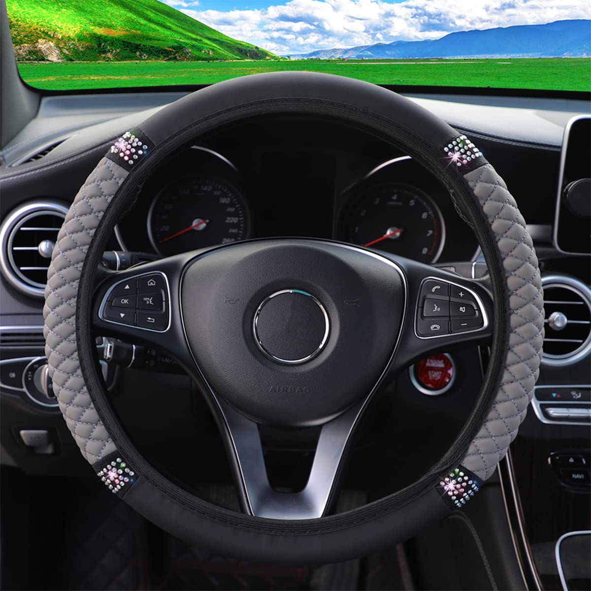 Bling Leather Steering Wheel Cover, Colorful Rhinestones Elastic Steering Wheel Protector, Pu Soft Leather With Crystal Diamond, Sparkling Car Accessories For Most Cars (Gray)