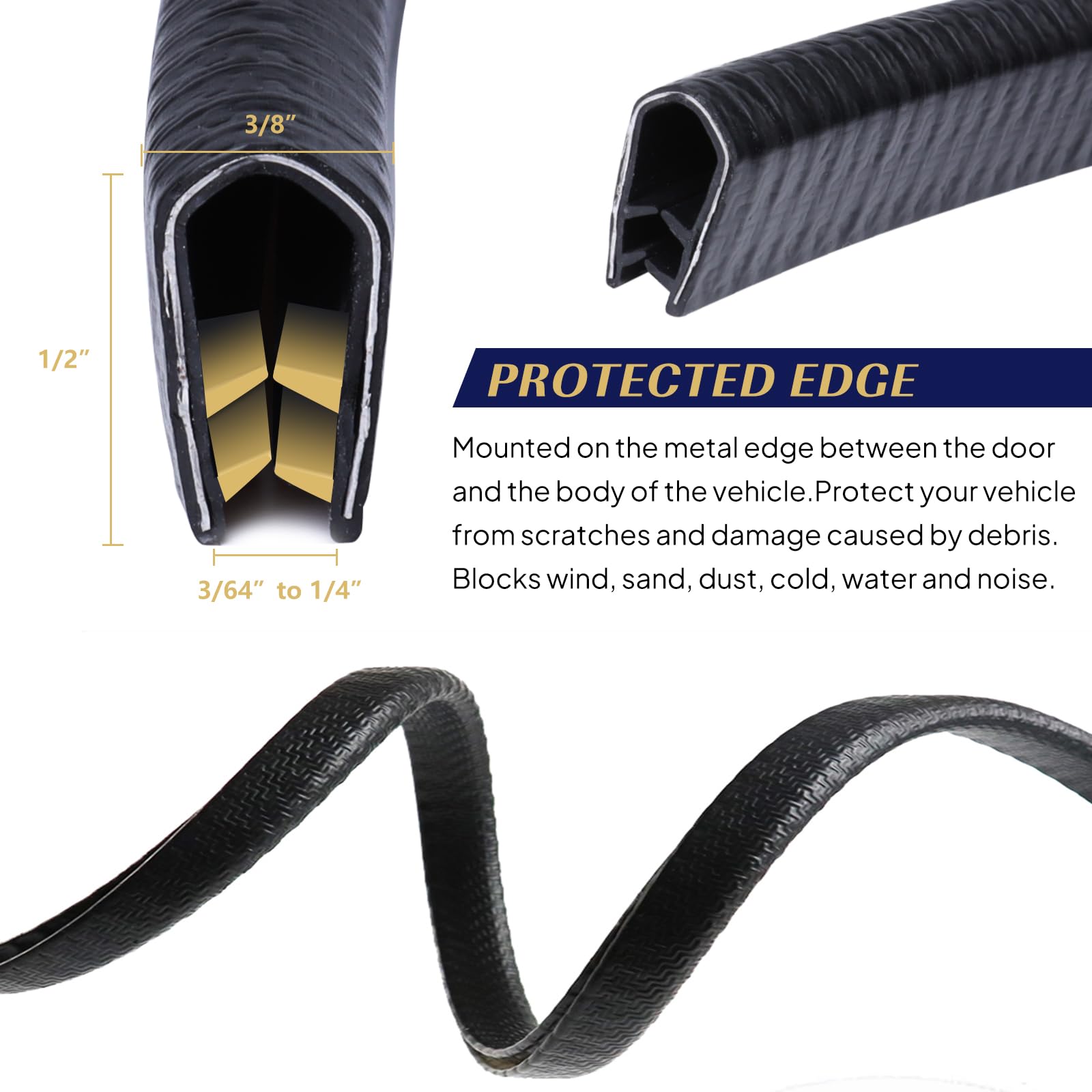 Goldwheel Black Edge Trim U-Channel Rubber Seal Edge Trim with Metal 1/2'' X 3/8'' - Fit Gap 3/64'' to1/4 Car Door Edge Sealing