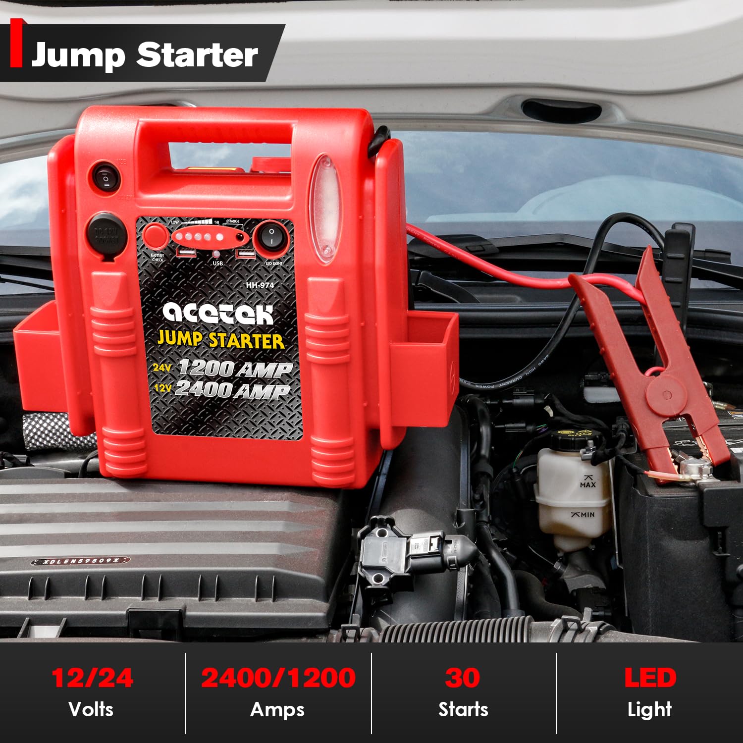 acetek 12V/24V Jump Starter - 2400/1200 Peak Amp Heavy Duty Battery Pack for Truck, Car, Tractor, Excavator, Model HH974