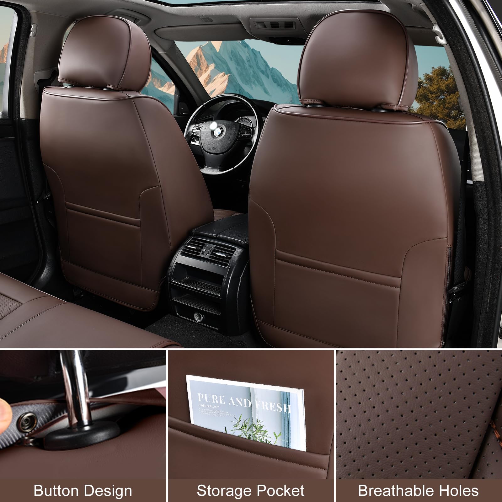 TIEHESYT Brown Car Seat Covers - Breathable Faux Leather Front Pair, Compatible with Most Vehicles, SUV