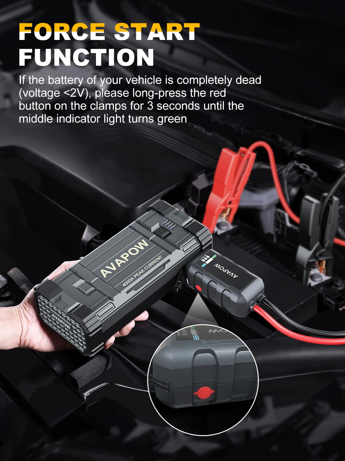 AVAPOW Car Jump Starter 4000A Peak - Portable Battery Booster for Gas & Diesel, 12V Jump Box with LED Light & USB Quick Charge 3.0