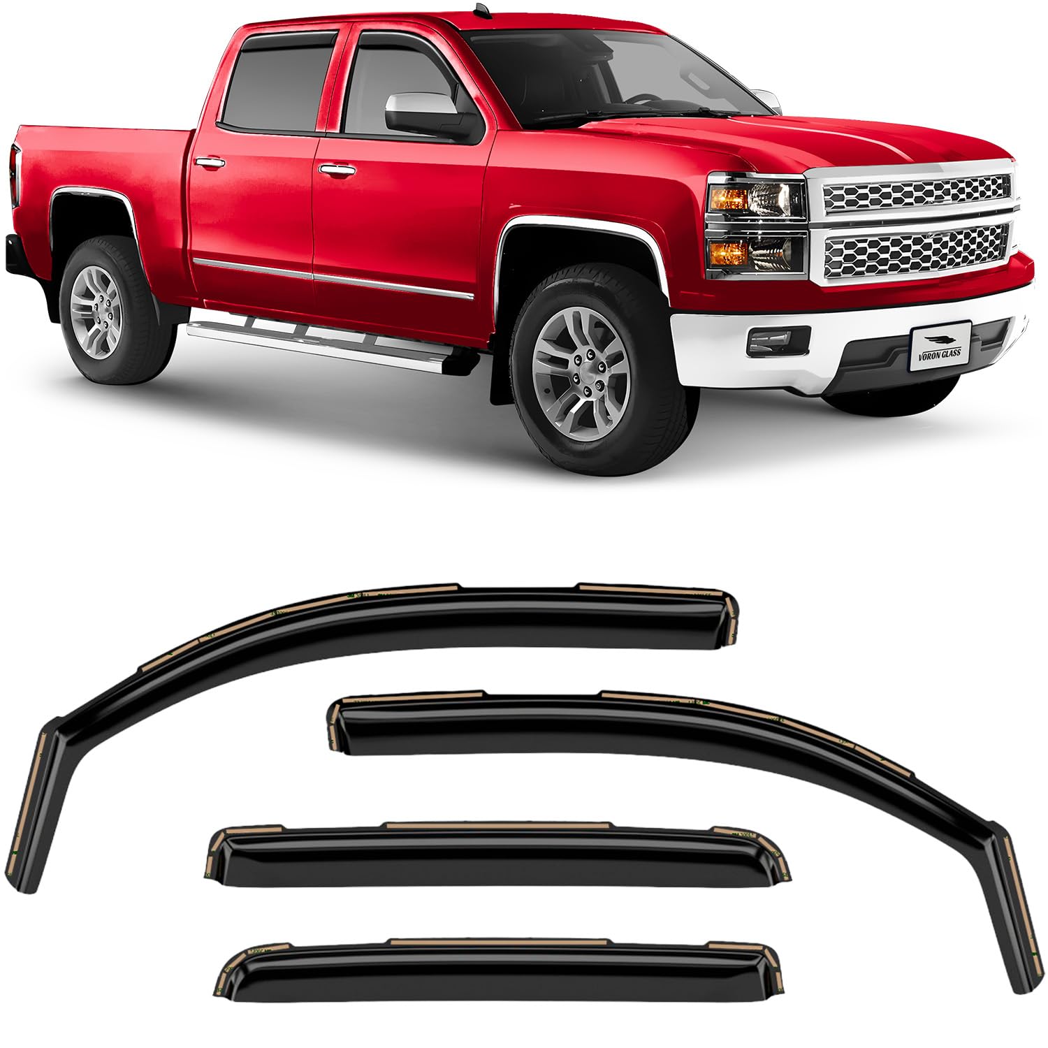 Voron Glass In-Channel Extra Durable Rain Guards For Trucks Chevrolet (Chevy) Silverado/Gmc Sierra 2014-2018 Crew Cab, Window De