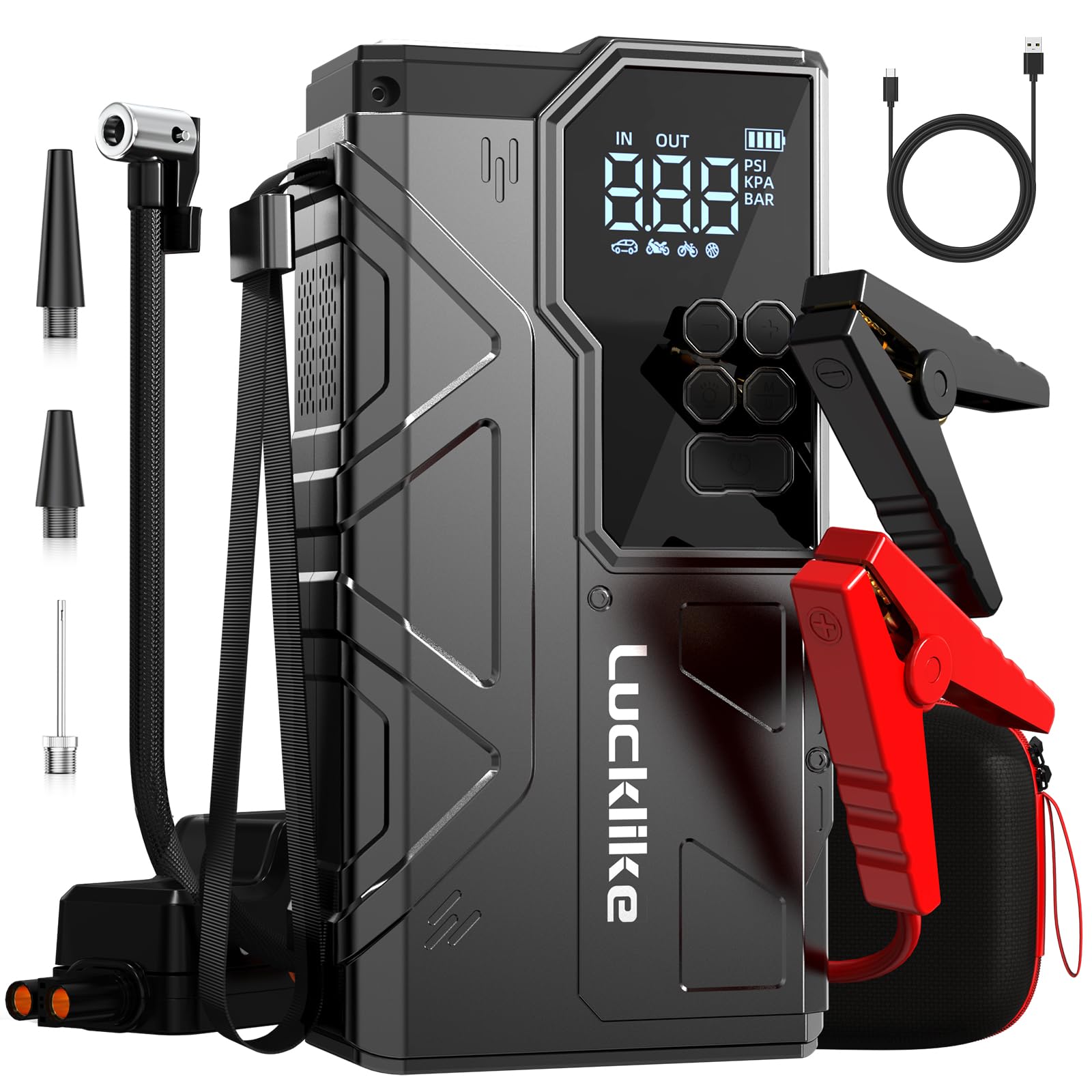 Lucklike W210 Jump Starter with Air Compressor 150 PSI, 12V 6000A Peak Lithium Car Battery Jump Starter for All Gas and 10.0L Di