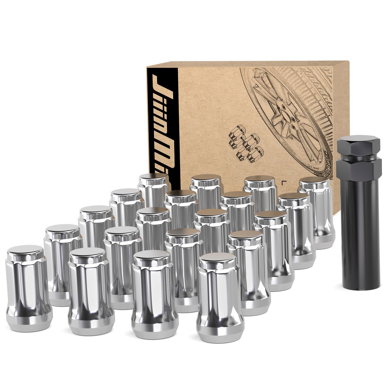 JiiinMiiin 1/2x20 Lug Nuts Chrome with 6 Spline Tuner, 1/2-20 Locking Lug Nut with 1 Socket Key 60 Degree Conical/Cone Bulge Sea