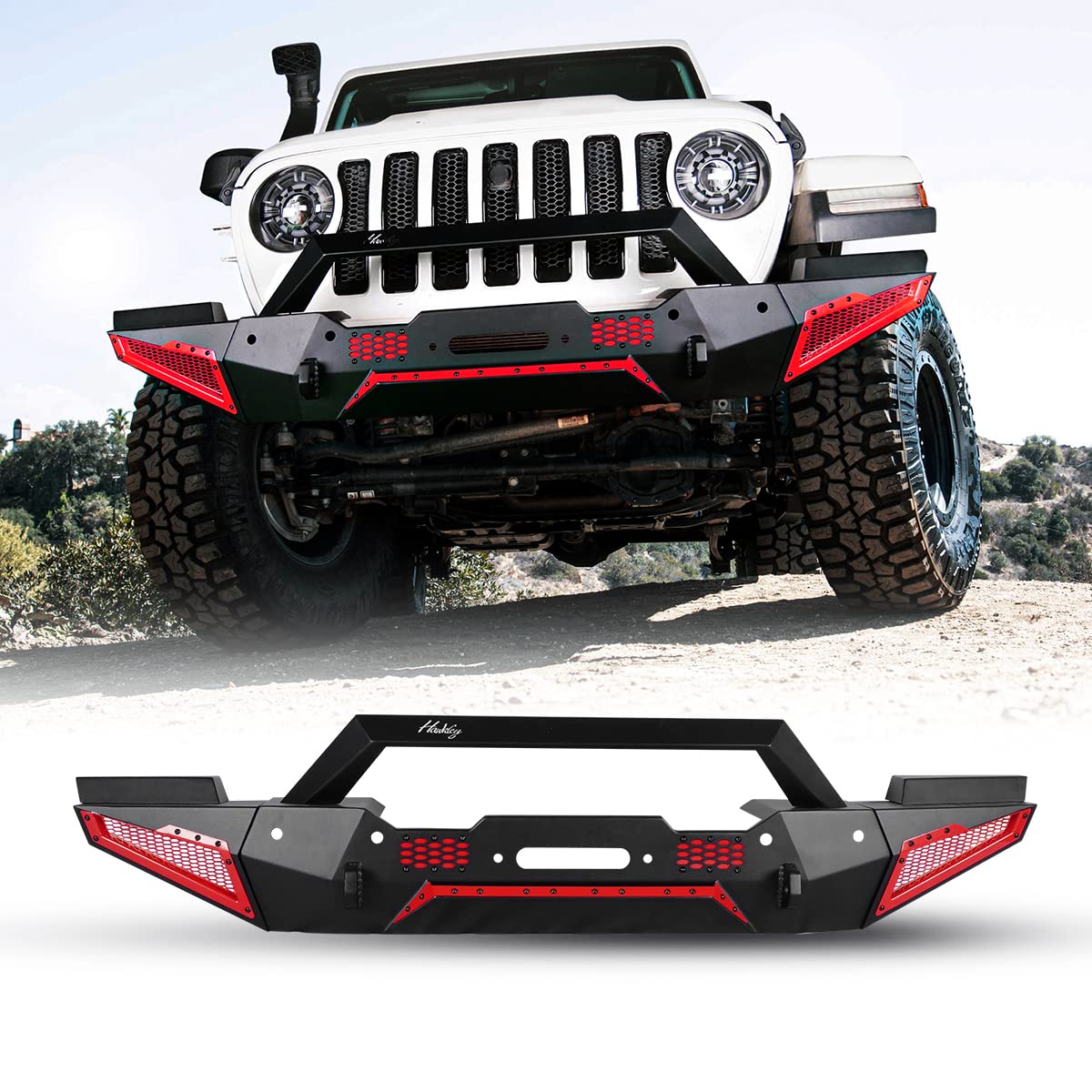 Hawkley Front Bumper For Jeep 2018-2023 Wrangler Jl & Unlimited Jlu Gladiator Jt, 2007-2018 Wrangler Jk Jku, Rock Crawler Full Width Bumper With Winch Plate Mounting & 2 X D-Rings & Paintable Armor