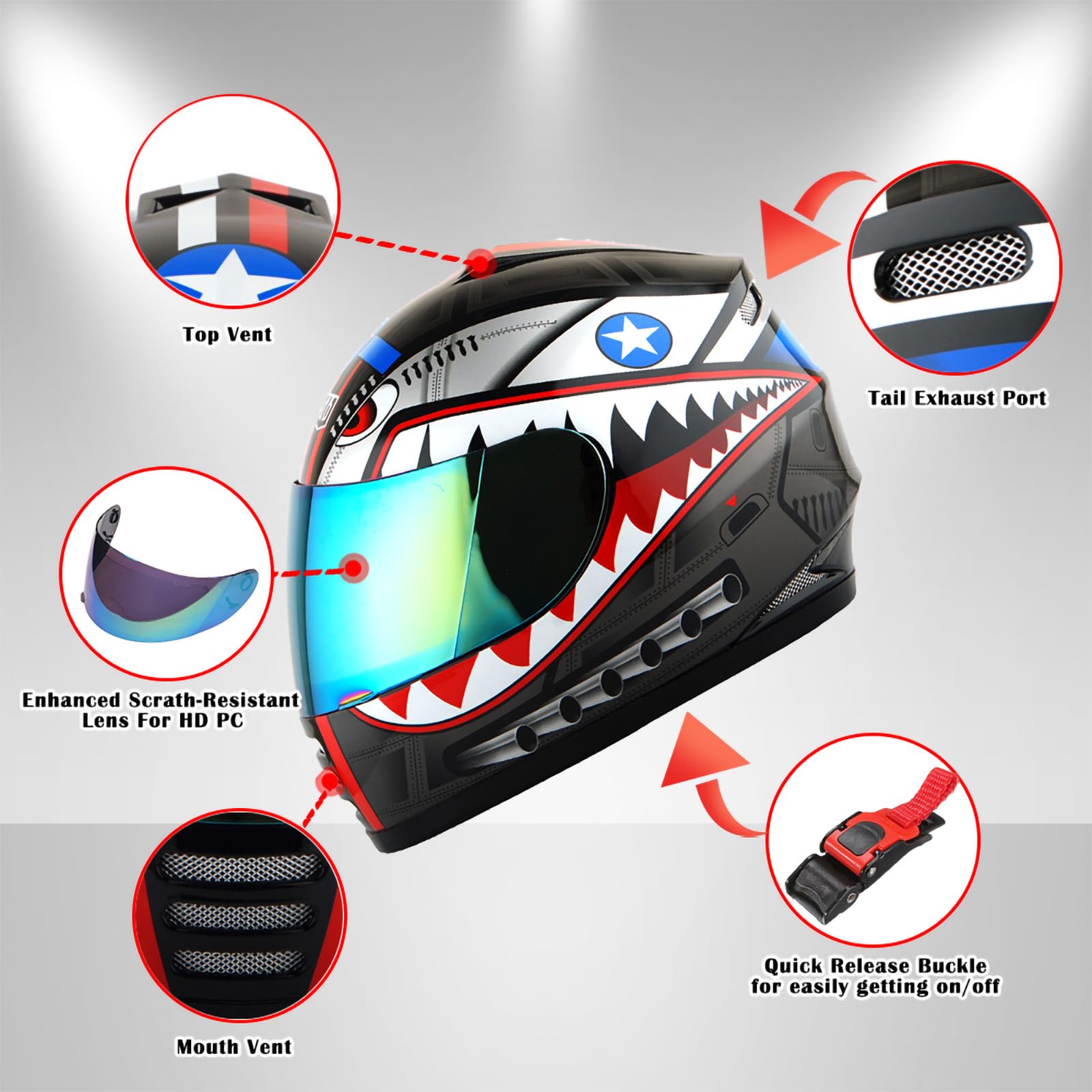 Wow Youth Motorcycle Full Face Helmet Street Bike Bmx Mx Kids Shark Black + Mx Skeleton Glove Bundle