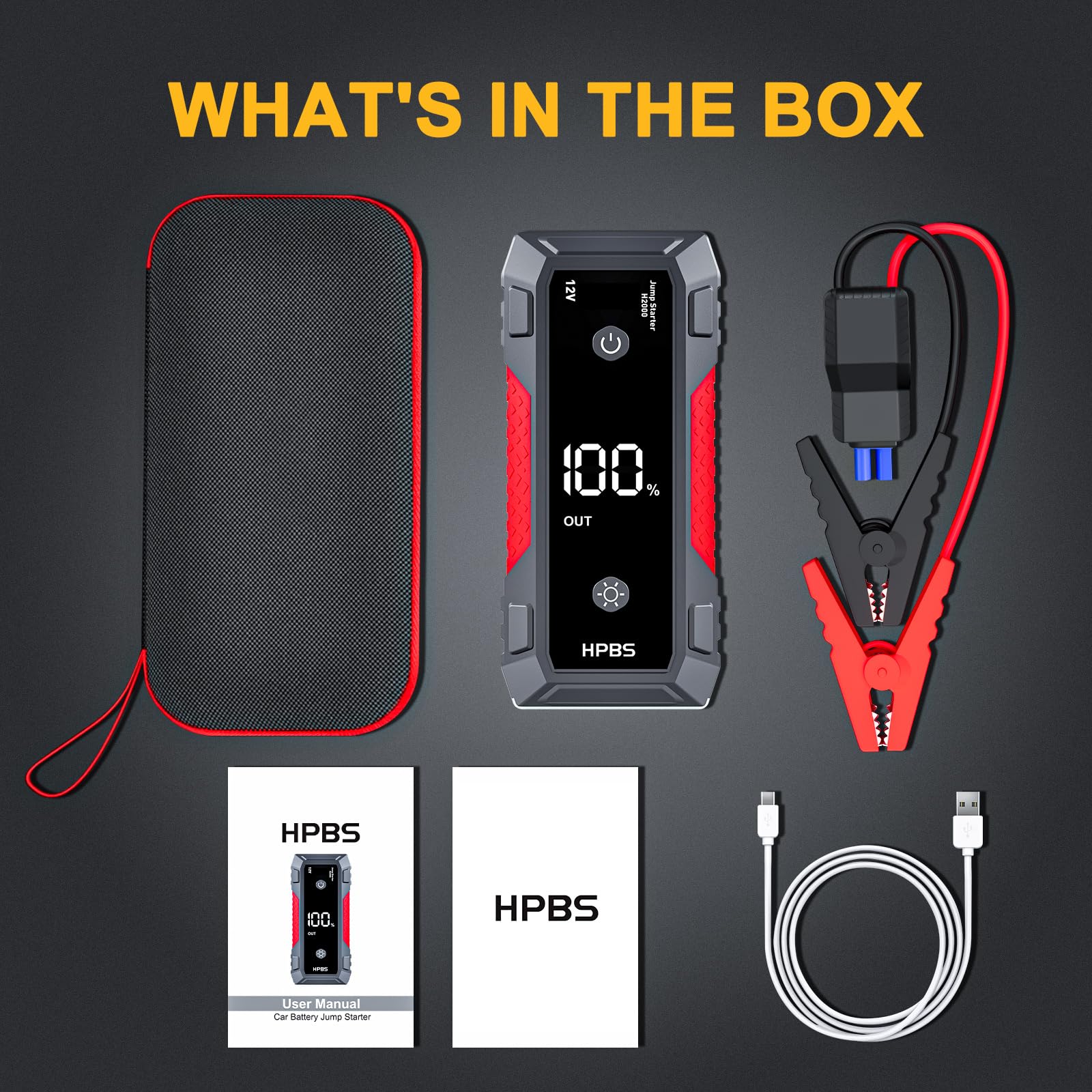 HPBS Jump Starter 4000A Battery Pack for 10.0L Gas & 8.0L Diesel Engines, 12V Portable, Red, Model H2000