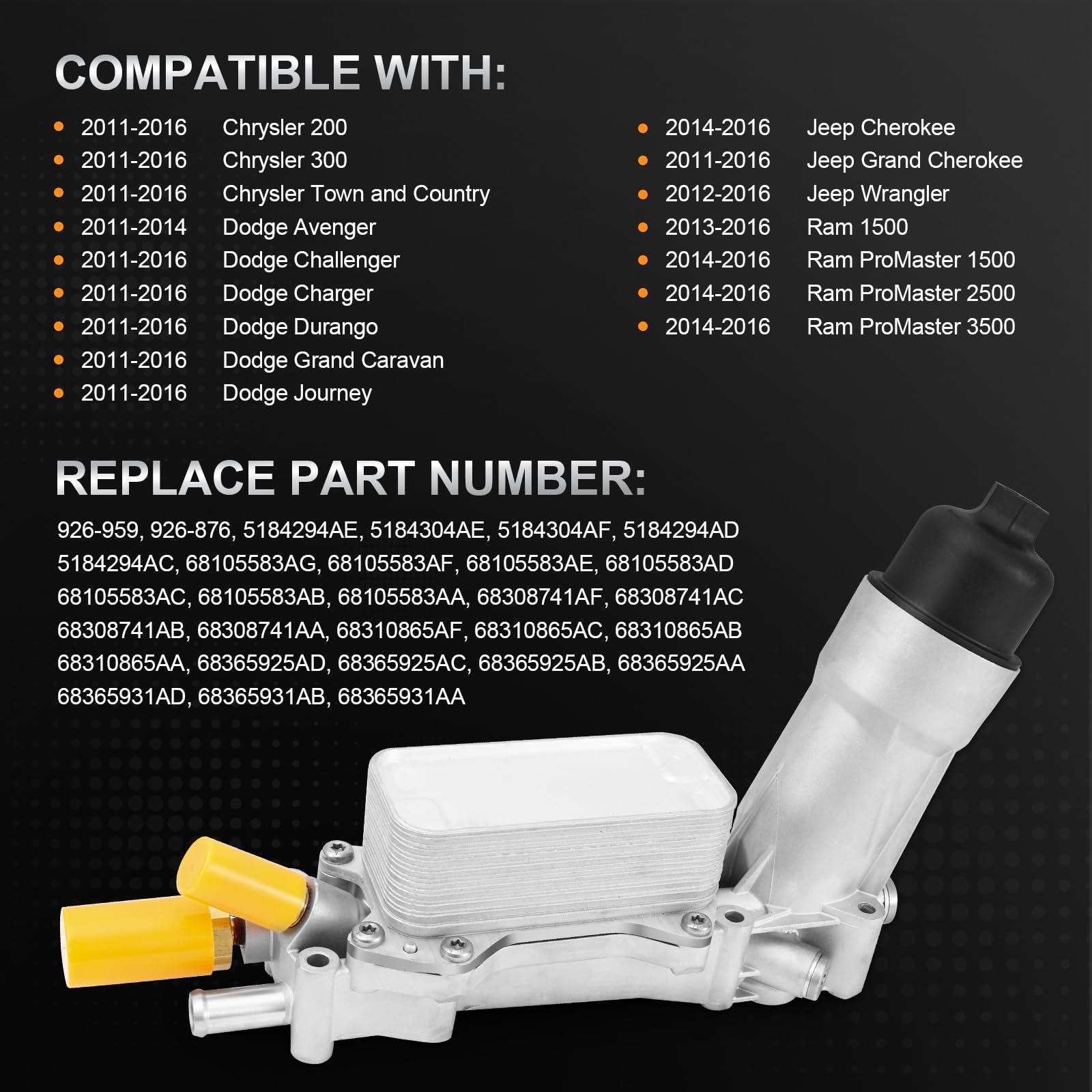 TEMSONE Aluminum Engine Oil Filter Housing Kit with Gaskets & Sensors for 2011-2016 Chrysler Dodge Jeep Ram - Black Plastic Cap