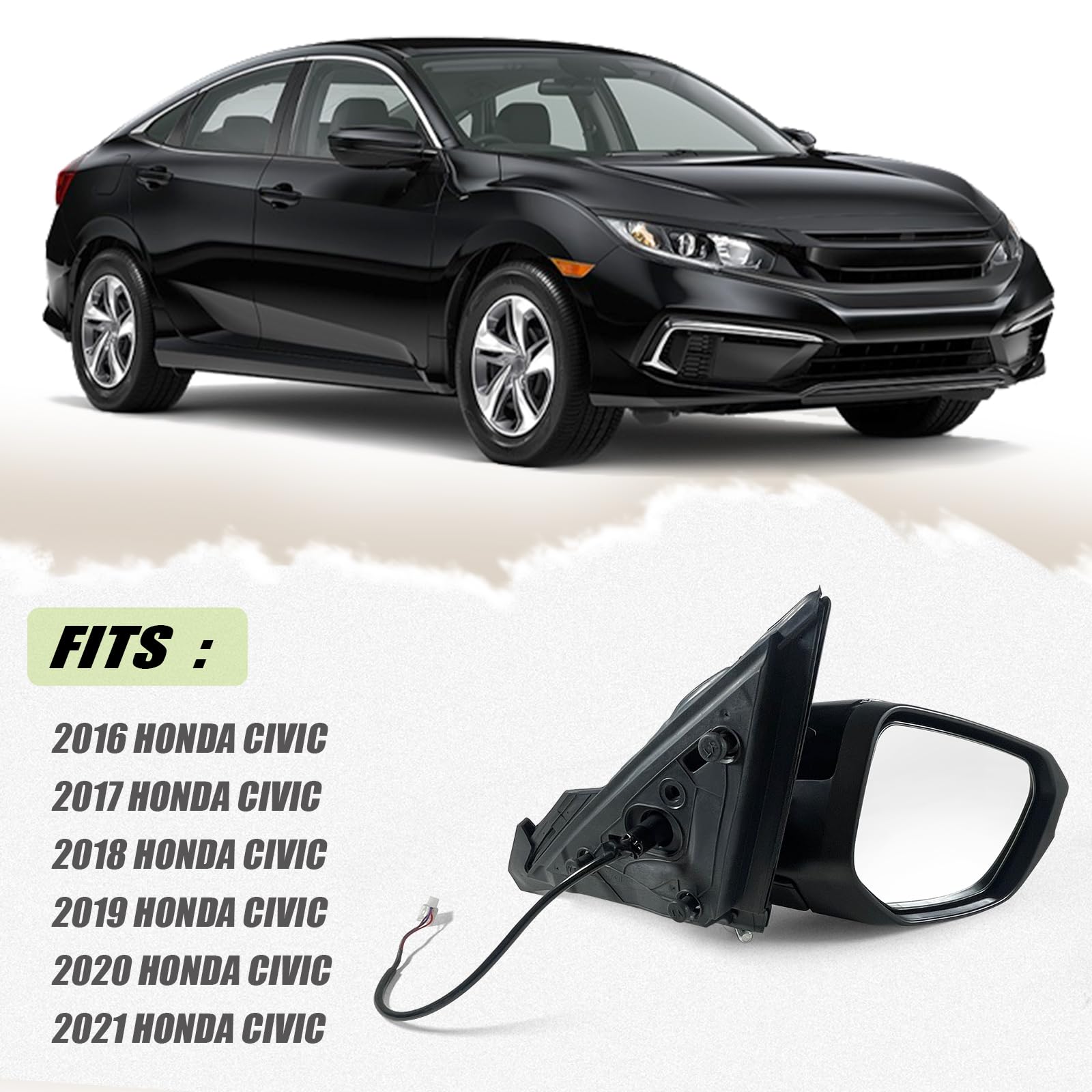 Lqito Right Passenger Side Door Mirror for 2016-2021 Honda Civic LX SE Sport, Power, Black, ABS, Model 76208TBAC03ZA, 3 Pins
