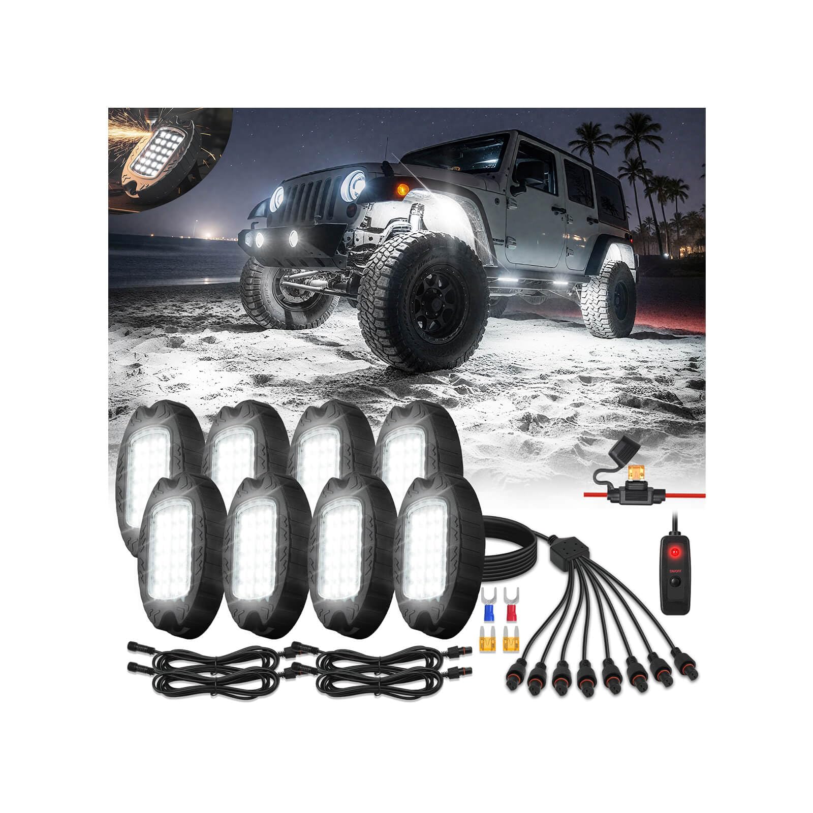 8Pods Metal All Pure White LED Rock Lights Full Kit Plug and Play&Pre Wired 6500K with Switch Wiring Harness Extension Fuse, 192
