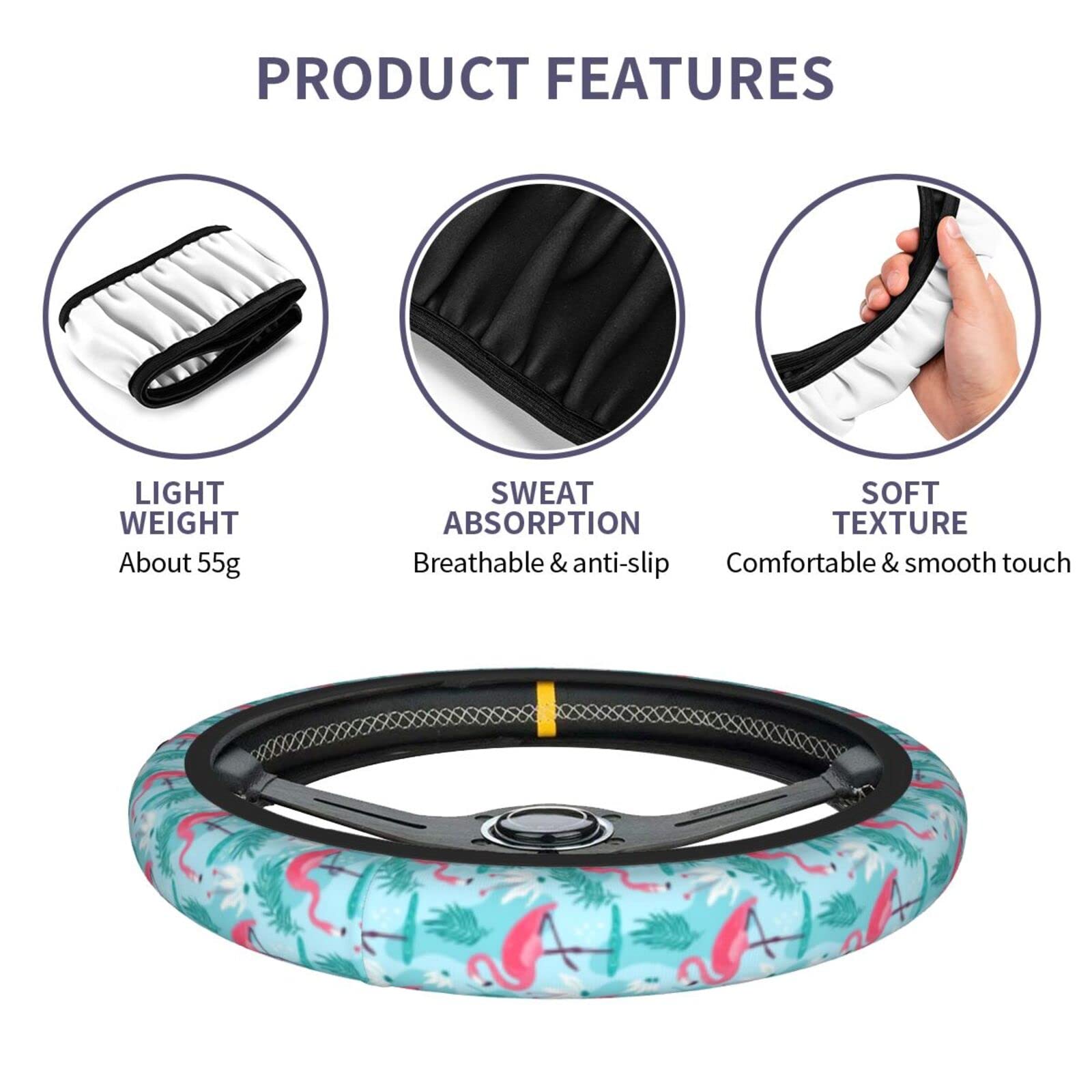 Flamingo Gifts for Women Steering Wheel Cover for Women Men with 2 Pcs Car Coasters, Universal 14.5-15 Inch Rainbow Steering Whe