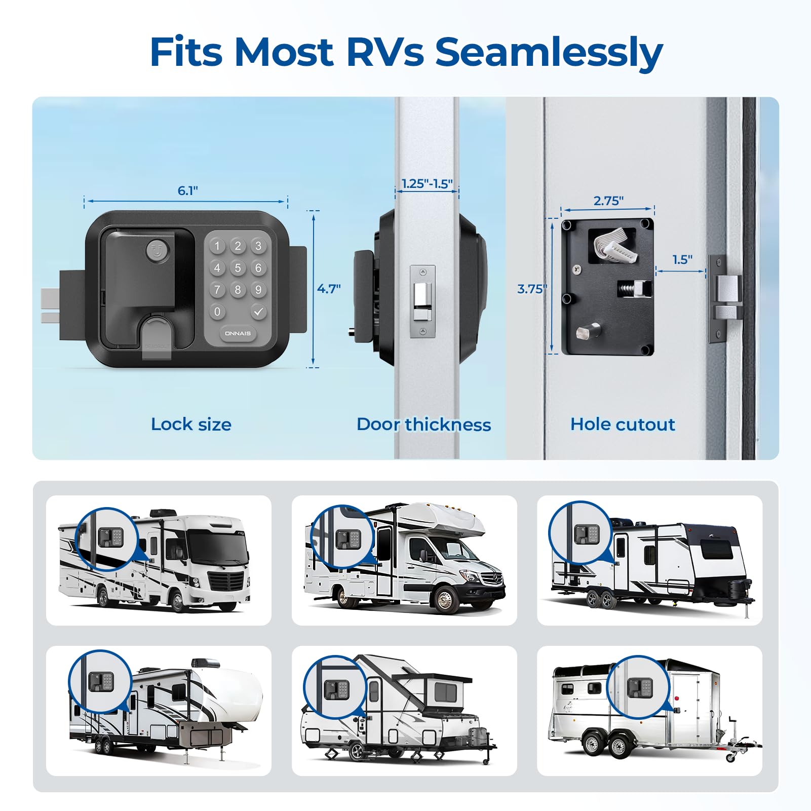ONNAIS RV Door Lock Replacement - Keyless Entry with 10-Digit Keypad, Dual-Door Remote Control, Full-Metal, Black, Model W007B