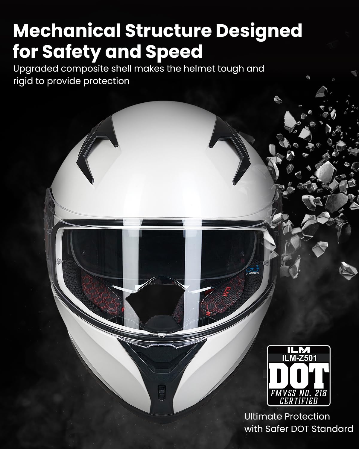 ILM Full Face Motorcycle Helmet, DOT Approved, EPS, Clear & Tinted Visors, Large, White, Model Z501