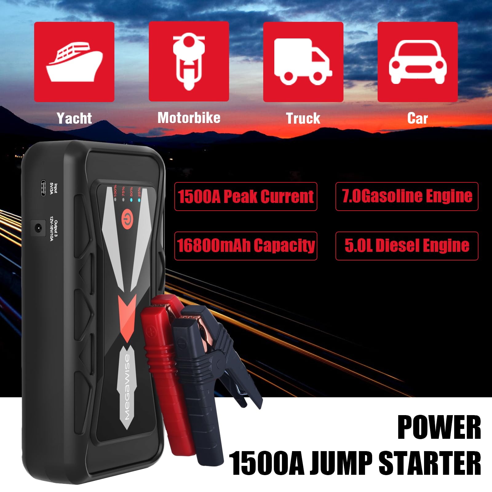 MEGAWISE 1500A Peak Car Battery Jump Starter, 16800mAh, 12V Portable Power, Dual USB, Flashlight, Model G23, Red & Black