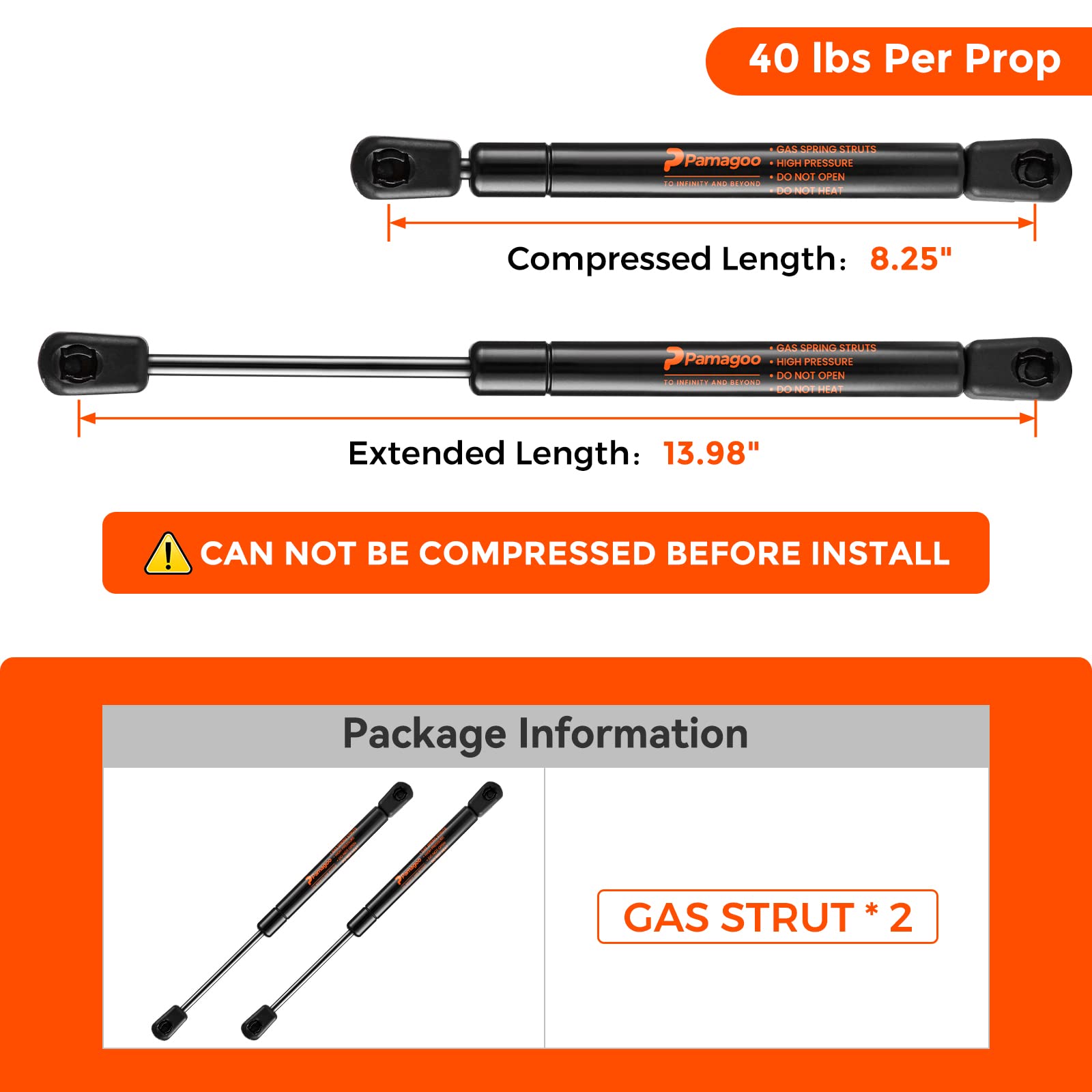 Pamagoo C16-09461 C1609461 14 Inch Gas Shock 40 Lb 178 N Per Prop, Replacement Gas Spring Strut Lift For Camper Truck Rear Windo