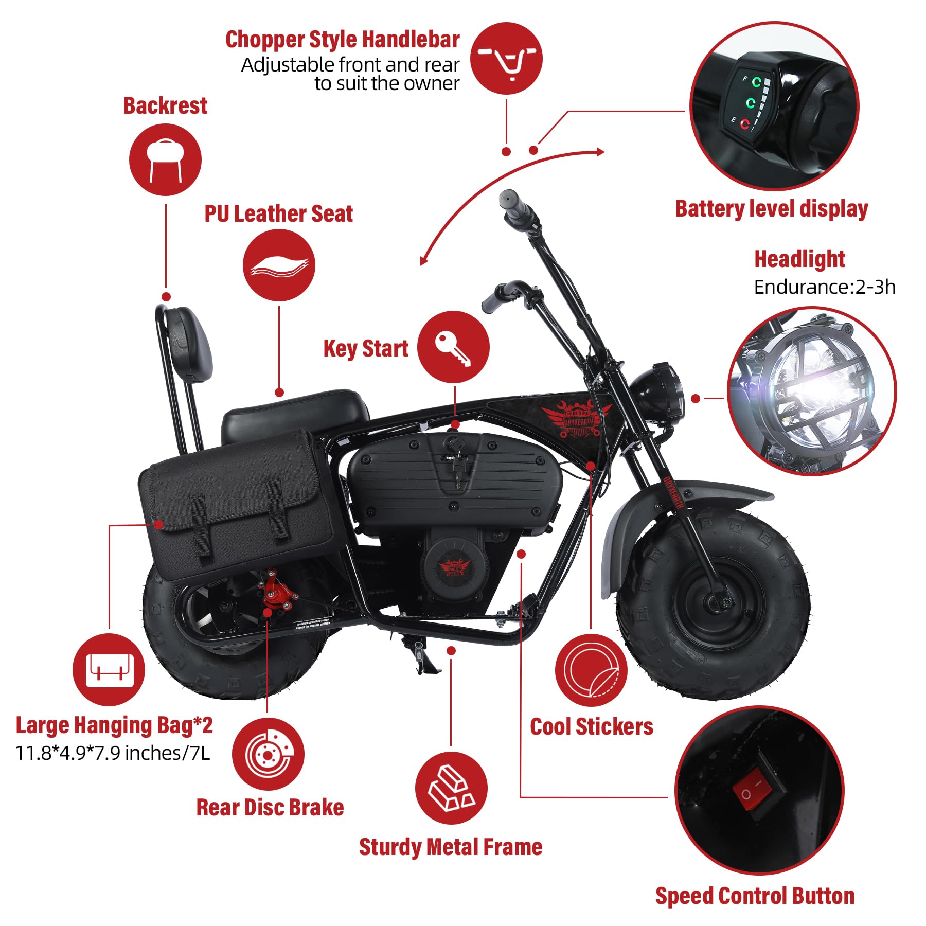 Oryxearth Electric Mini Dirt Bike, 1000W Motor, 36V Battery, 15.5MPH/22MPH, Red, Large, 60 Min Endurance,